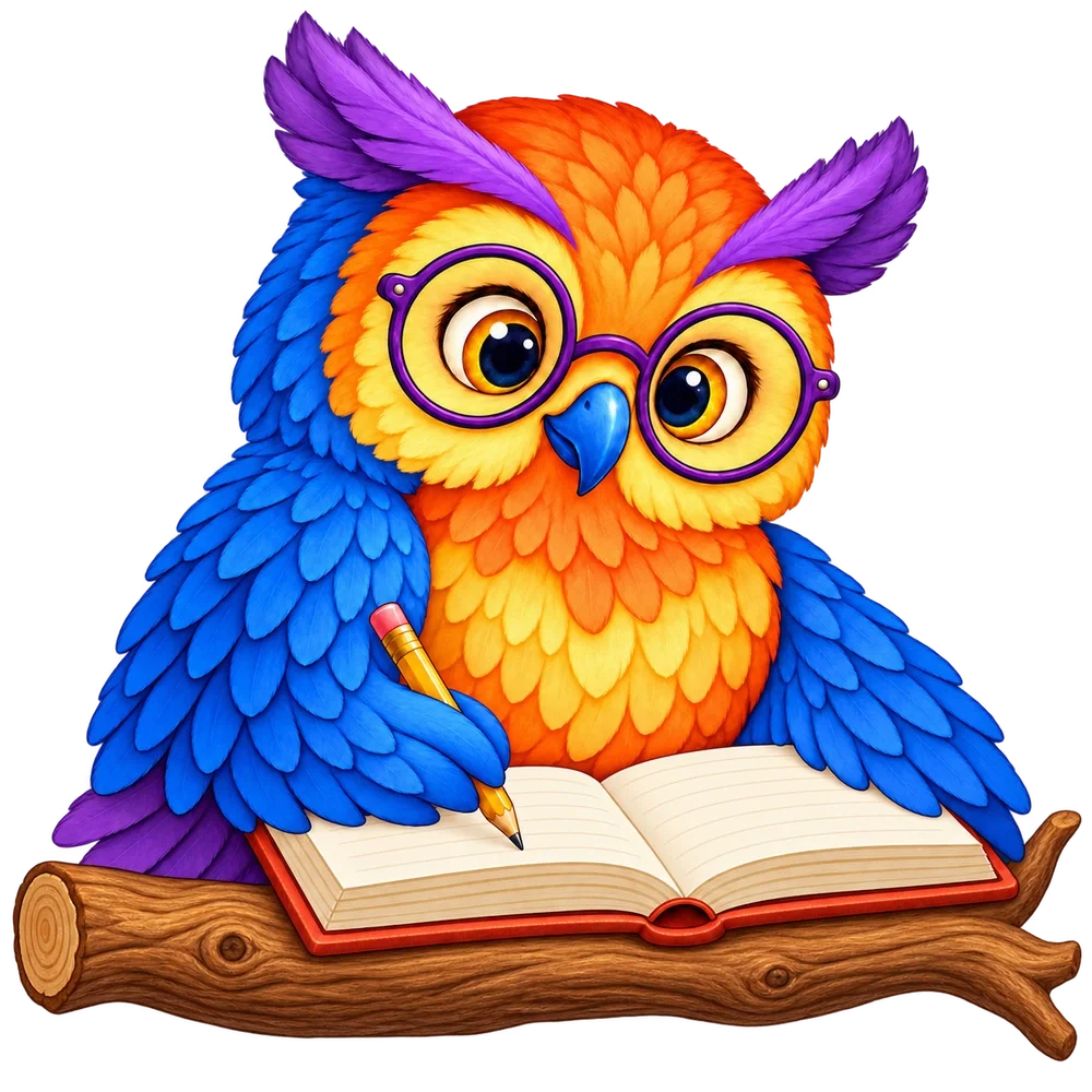 A colorful owl with glasses writes in a book resting on a branch.