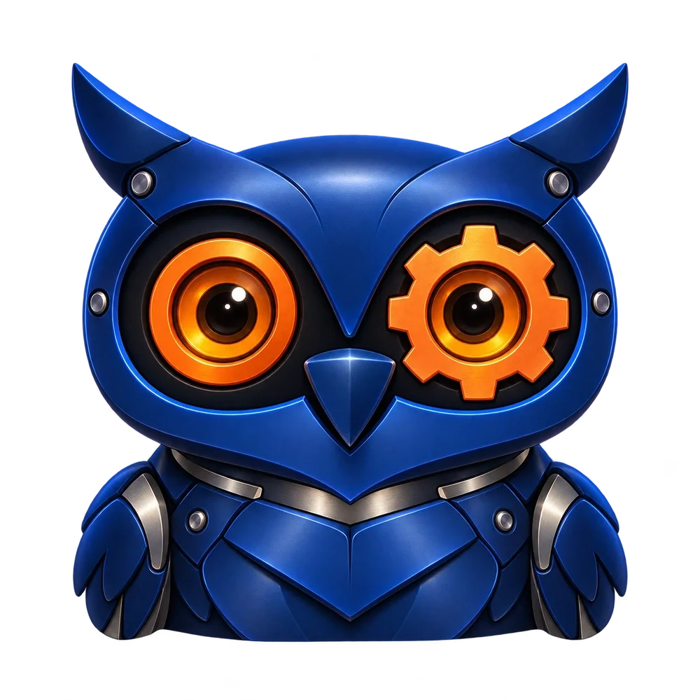 Bubo AI mechanical owl mascot in navy and orange with a gear-shaped eye.