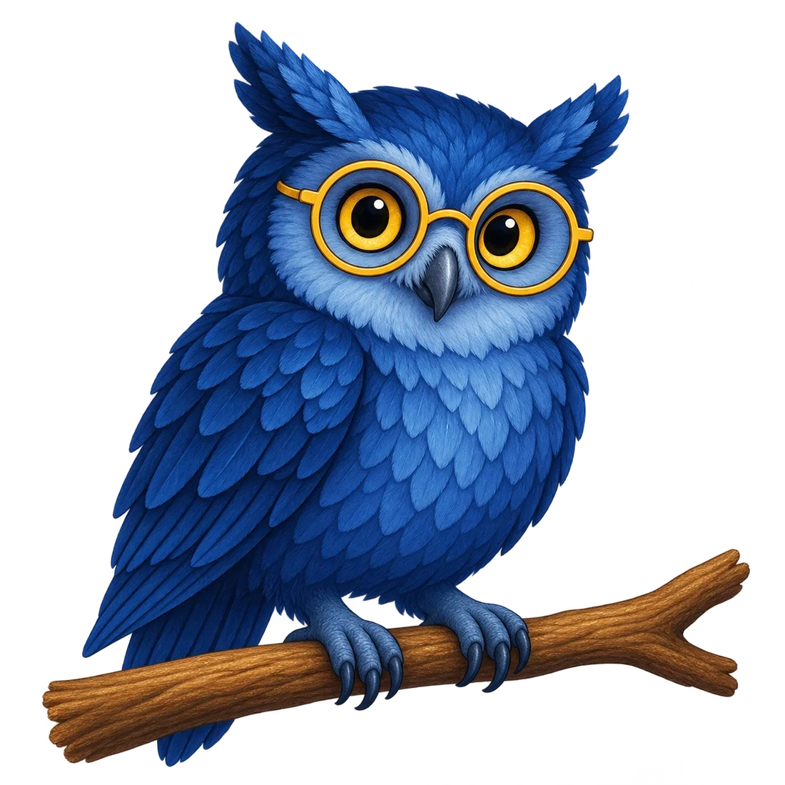 A blue owl with golden glasses perches on a branch.