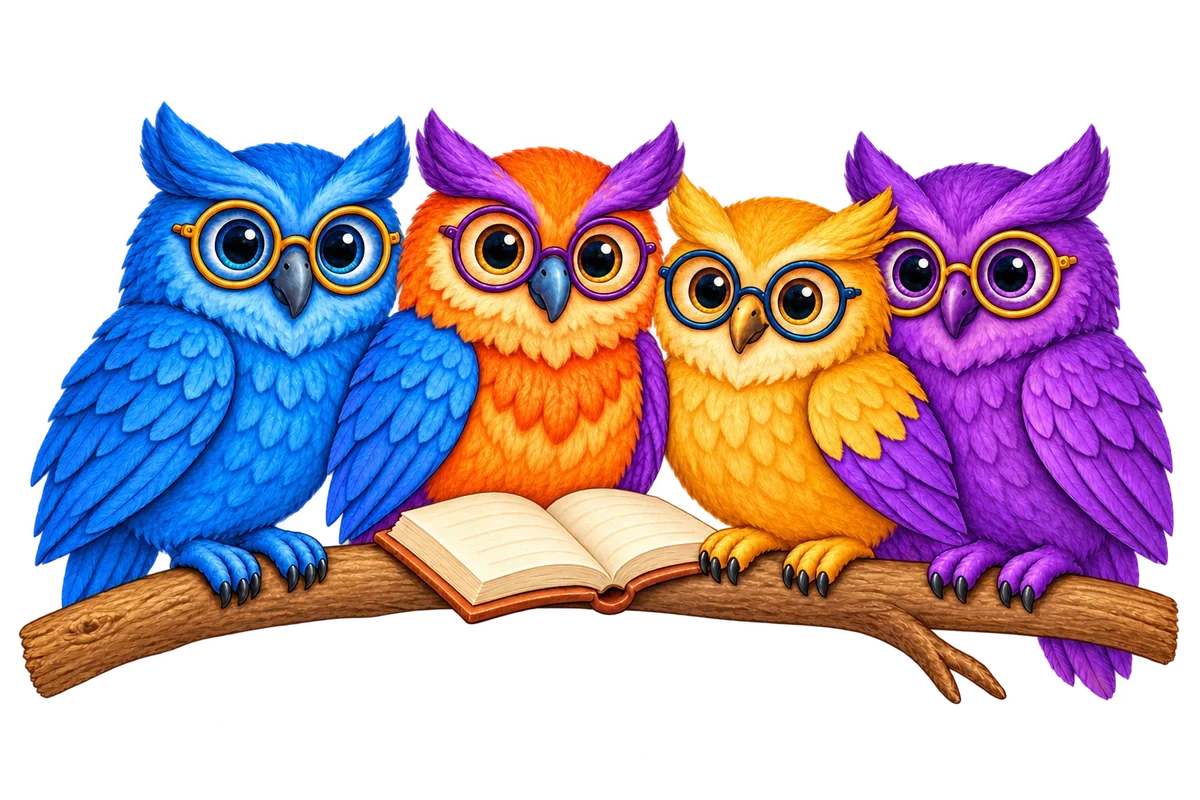 Four colorful owls with glasses gather around an open book.