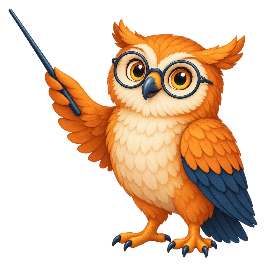 An orange owl with glasses holds a teaching pointer.