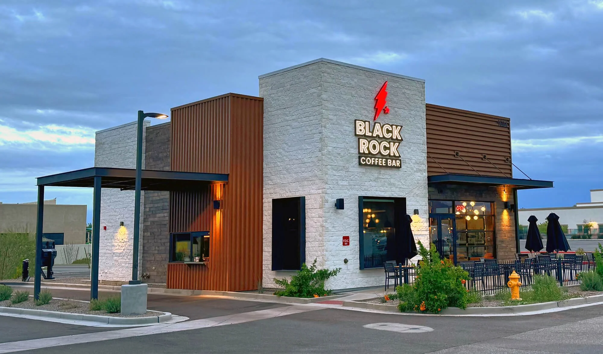 Black Rock Coffee - Exposed patio and drive-thru coverage — Sunland Welding - Is Black Rock Coffee Owned By Black Rock