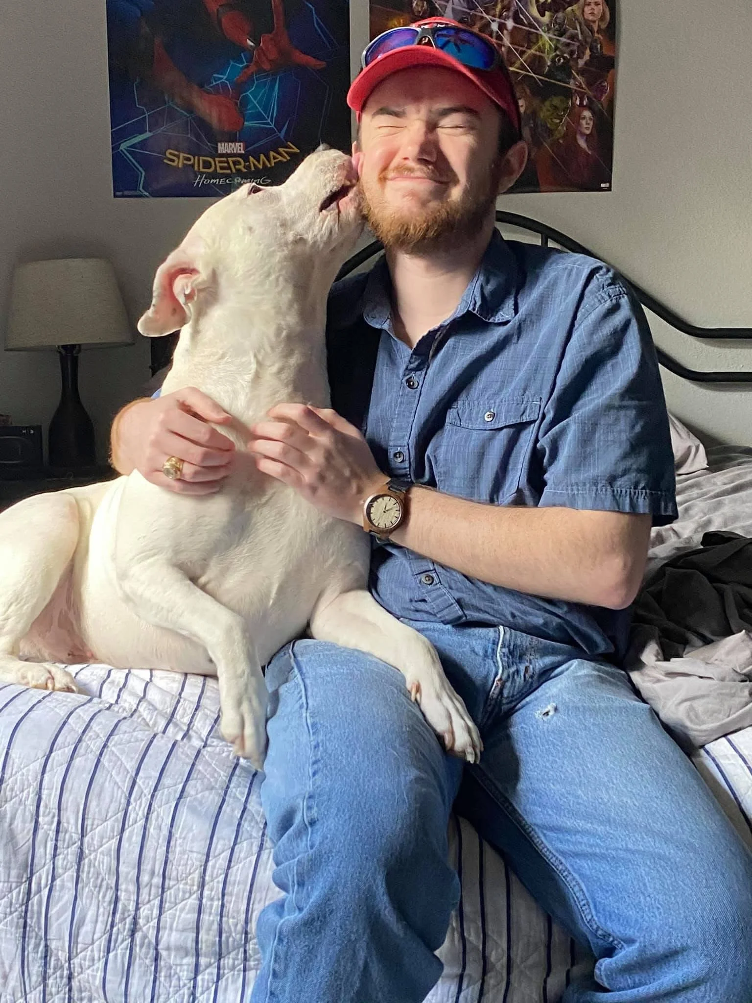 A man with a beard and mustache, wearing a red cap and sunglasses on top, sitting on a bed. He is smiling with his eyes closed as a large white dog licks his face. The man is holding the dog and wearing a blue short-sleeved shirt and ripped jeans.