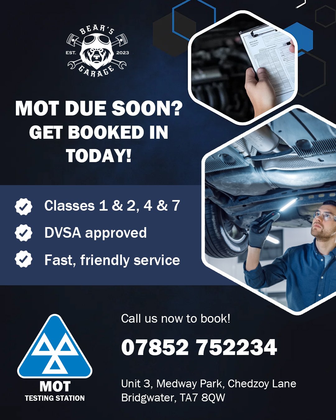 🚗 MOT due soon? Don&rsquo;t leave it to the last minute!

✅ Classes 1 &amp; 2, 4 &amp; 7
✅ DVSA approved testing station
✅ Fast, friendly service from your local team

📅 Book your MOT today at Bear&rsquo;s Garage!

📍 Visit us or call to book your 
