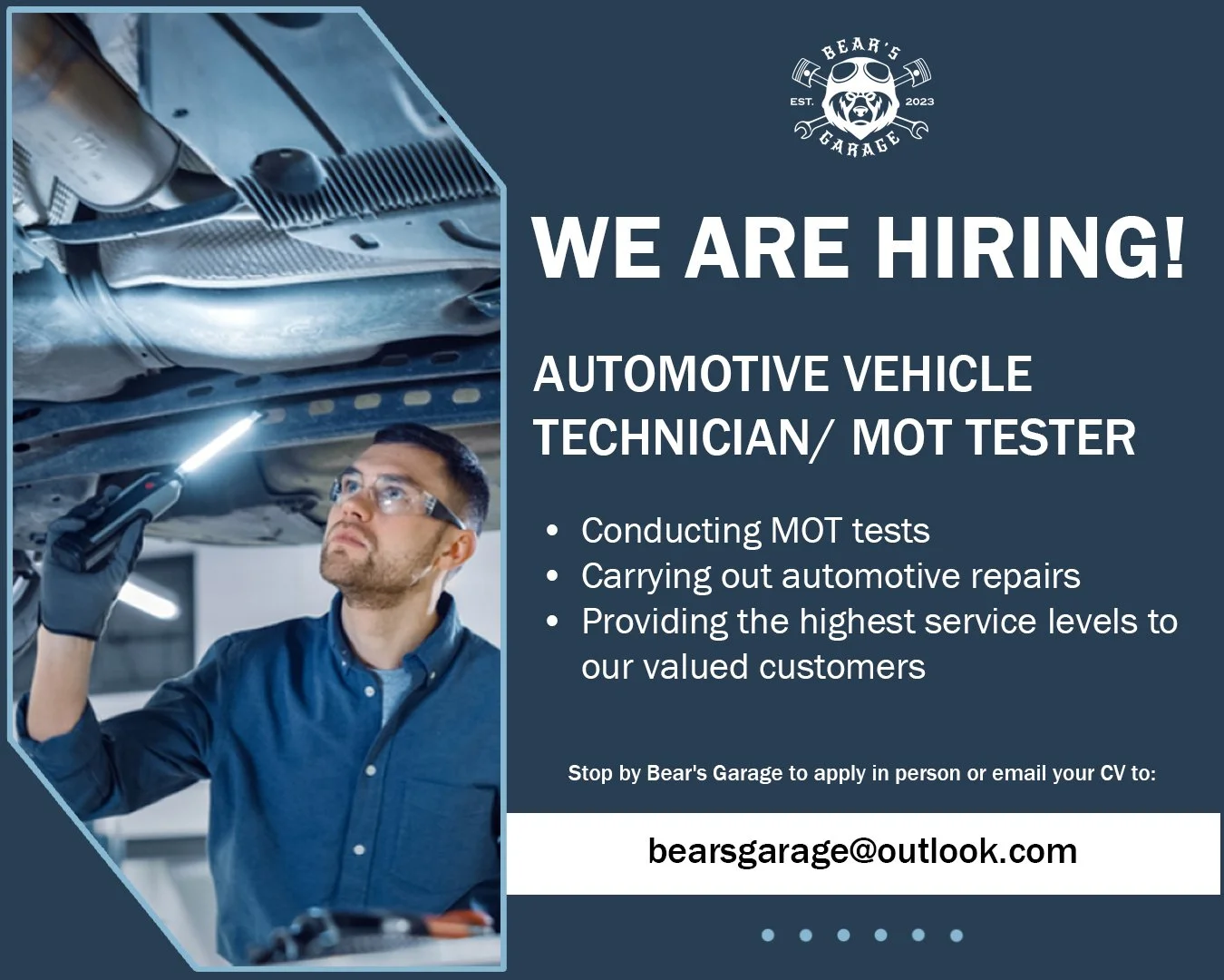 🐻 Bear's Garage is hiring! 🐻

We are seeking a skilled and motivated mechanic/MOT tester to join our team.

Stop by Bear's Garage to apply in person or email your CV to bearsgarage@outlook.com. 

Got questions? Call us at 07852 752234.

📍 Where to