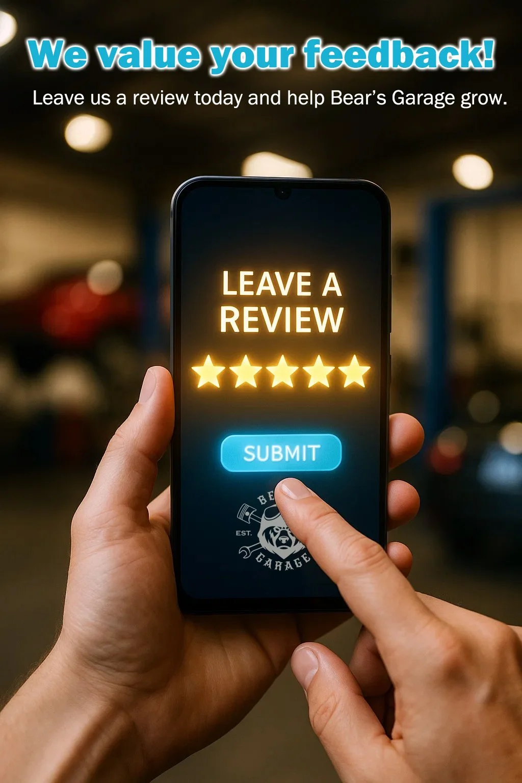 Had a great experience at Bear&rsquo;s Garage? Tell the world! Leave us a quick review on Google or Facebook. 

Your support helps us grow and our local garage community grow stronger! 🚗

Thank you for supporting Bear&rsquo;s Garage! 🐻