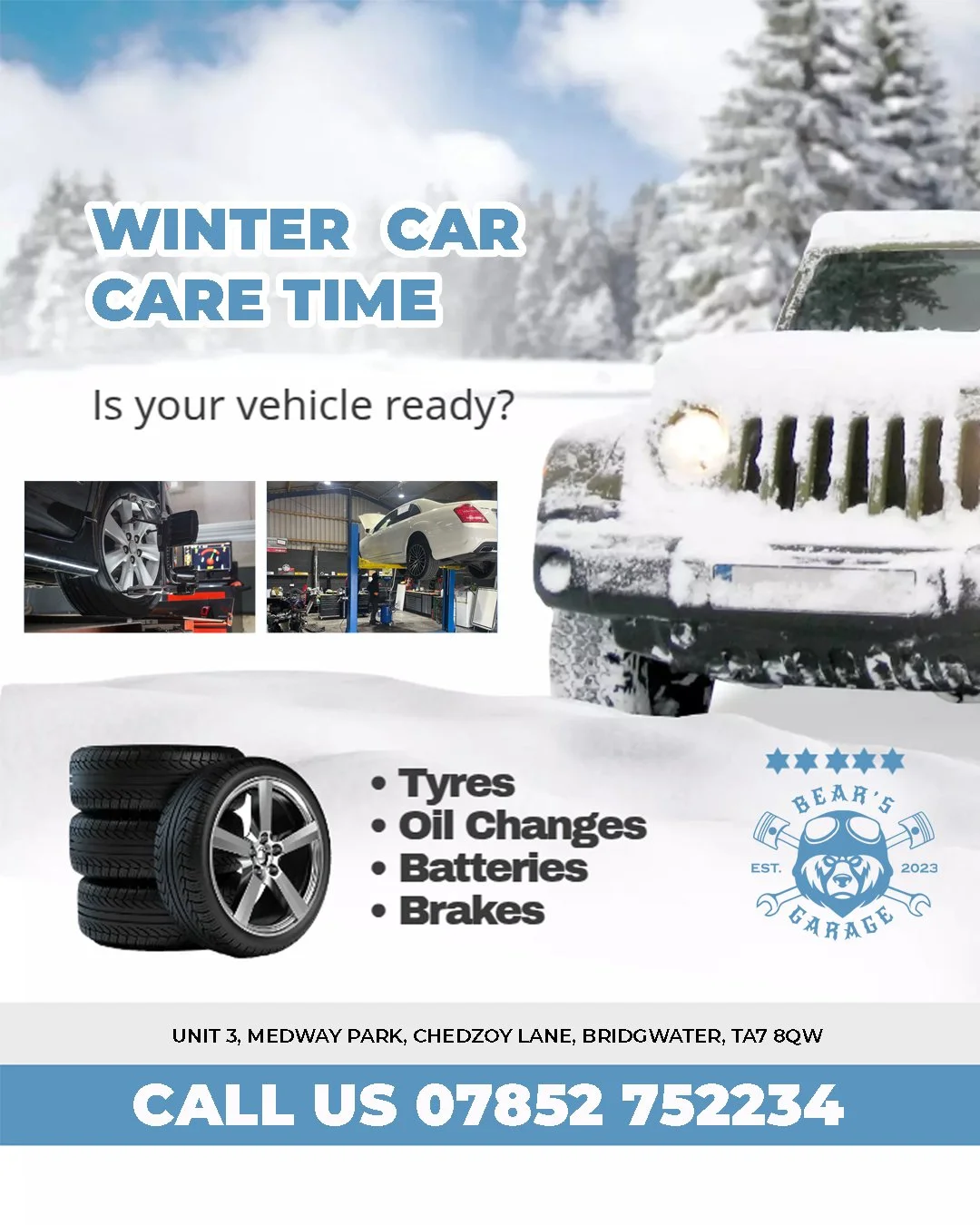 ❄️ Stay safe this winter! Visit Bear&rsquo;s Garage for your winter car care service today.

📍 Visit us or call to book your slot!

☎️ 07852752234
01278570545

📍 Bear's Garage
Unit 3, Medway Park, Chedzoy Lane,
Bridgwater, TA7 8QW

📧 bearsgarage@o