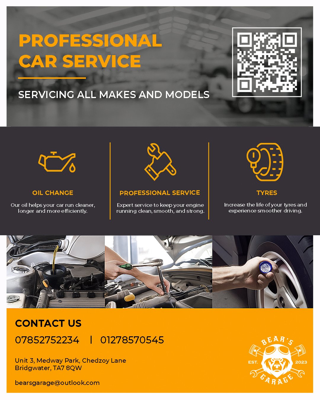 🚗 Bear&rsquo;s Garage &ndash; Expert maintenance, honest repairs, and reliable care to keep you on the road.

Drive confidently - contact us today!

☎️ 07852752234
01278570545

📍 Bear's Garage
Unit 3, Medway Park, Chedzoy Lane,
Bridgwater, TA7 8QW
