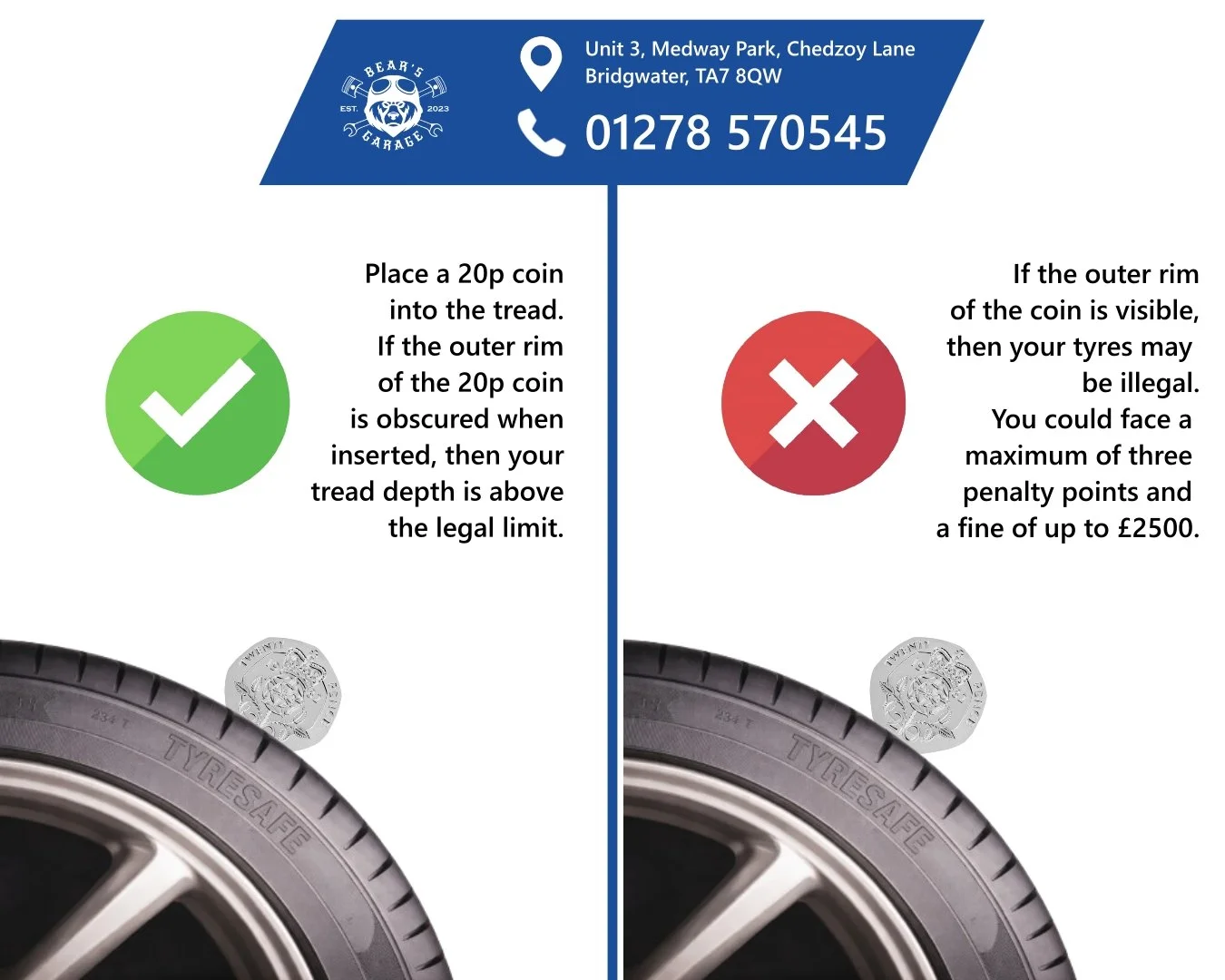 ⚠️ Tyre safety alert ⚠️
Worn tyres are a major cause of accidents. Check your tyre tread regularly, replace tyres when tread depth is below 2 mm to stay safe on the road. 

Drive confidently - contact us today!

☎️ 07852752234
01278570545

📍 Bear's 
