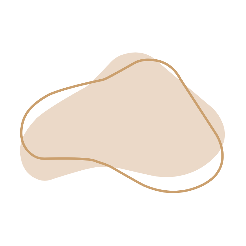 Abstract art featuring beige and tan irregular shapes with a thin curved line