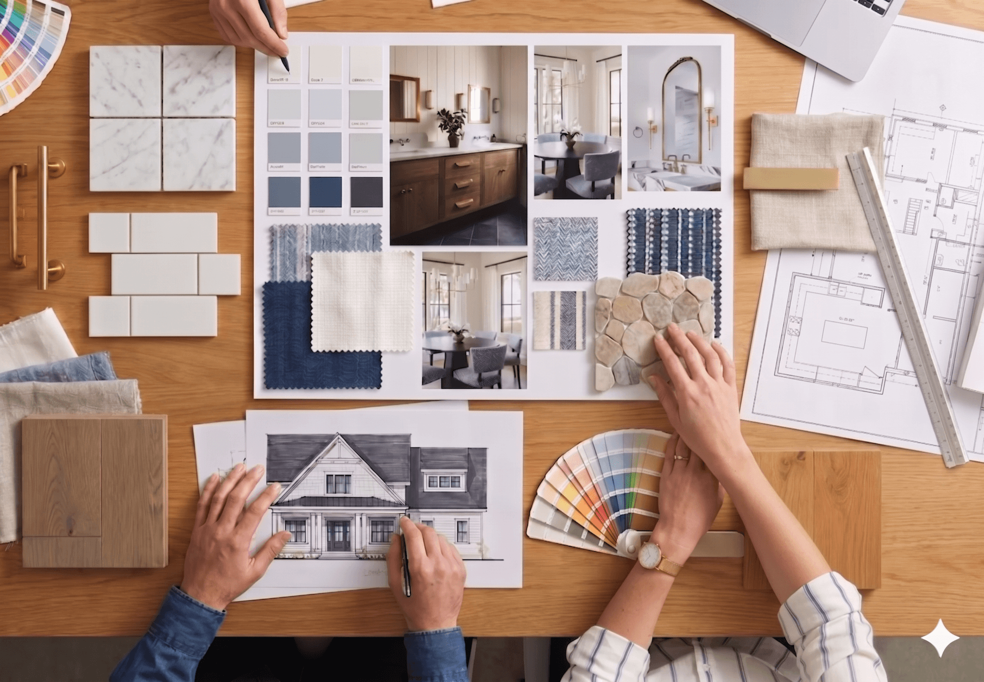 Design team reviews materials and blueprints for a residential project.