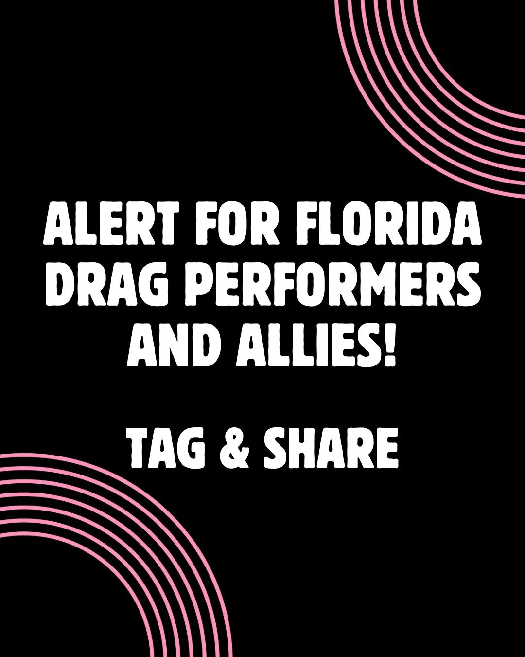 🚨 PLEASE TAG FLORIDA DRAG PERFORMERS &amp; ALLIES🚨

We're calling on any Florida performers to join us for organizing and receiving know your rights materials we're developing with an attorney. Link in bio.

Florida's AG is issuing demands for gues