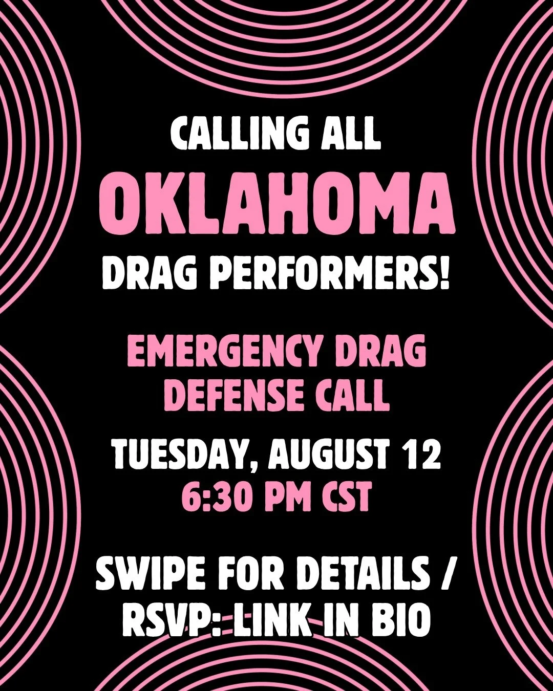 🚨 OKLAHOMA DRAG PERFORMERS: Emergency Community Call THIS TUESDAY! 🚨

Lawmakers are trying to intimidate us and confuse us about our right to perform drag. Shows and prides are being cancelled. Many are afraid to perform.

We cannot let that happen