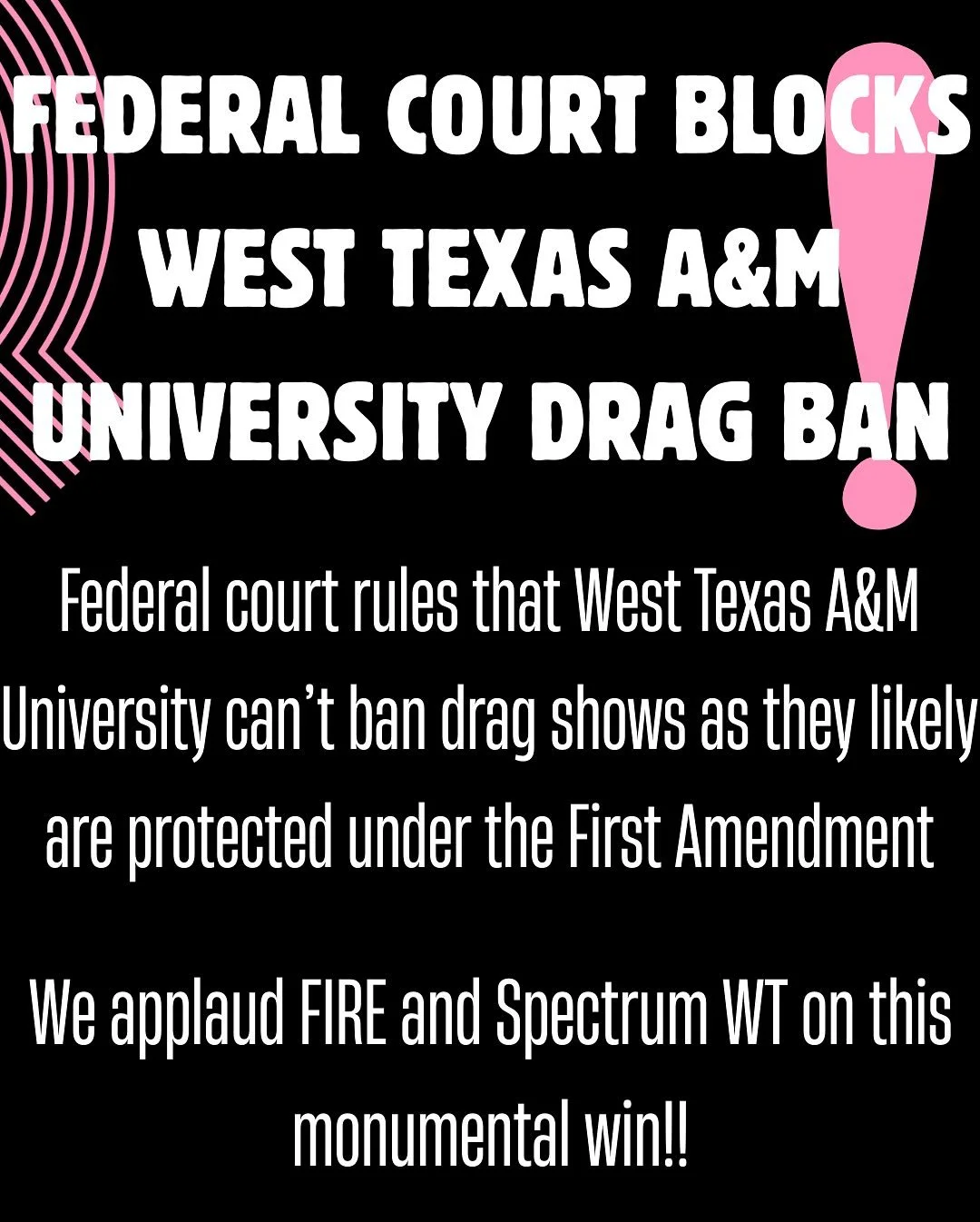Federal court blocks drag ban at West Texas A&amp;M University, as they see it as likely that the students will prove the ban violates the First Amendment. We applaud @thefireorg and @wtamuspectrum for this monumental win!!

Judge Leslie Southwick st