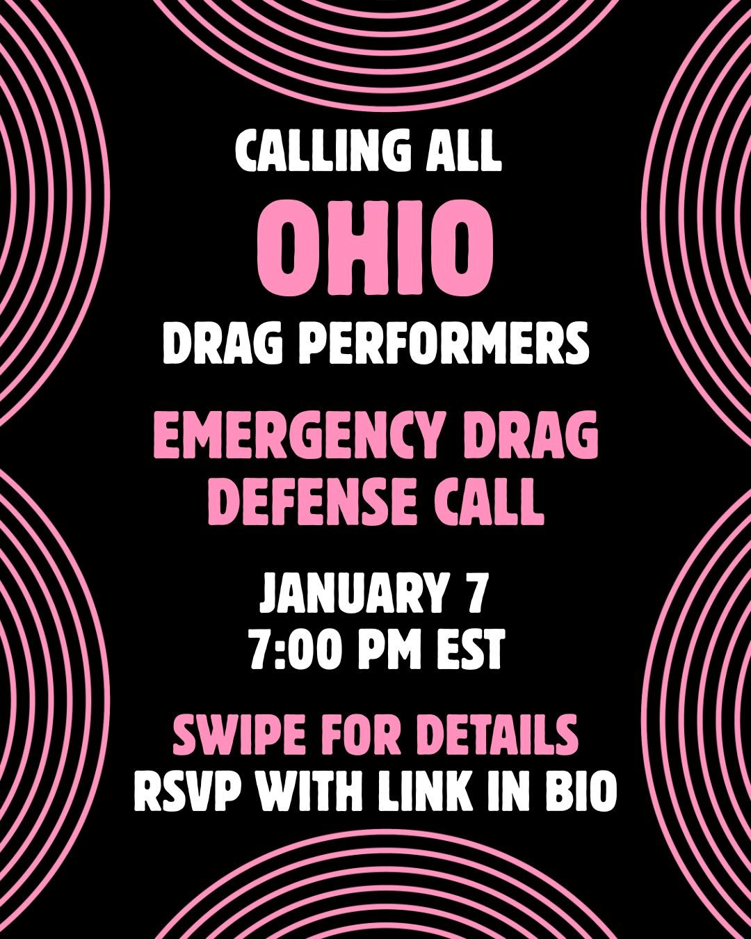📯 CALLING ALL OHIO DRAG PERFORMERS!

⚠️ EMERGENCY DRAG DEFENSE CALL ⚠️
JANUARY 7
7:00 PM EST

👉 SWIPE for details
📆 RSVP with link in bio

🚨ALERT FOR ARTISTS AND ALLIES!🚨
✨TAG &amp; SHARE!✨

OHIO HOUSE BILL 249
🚩restricts &ldquo;cabaret&rdquo; 