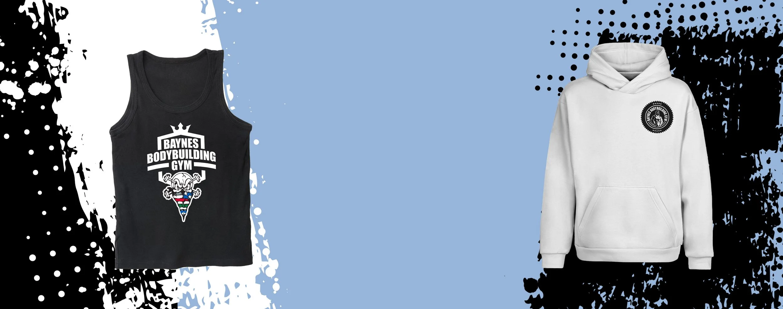 Black tank top and White hoodie with gym logos