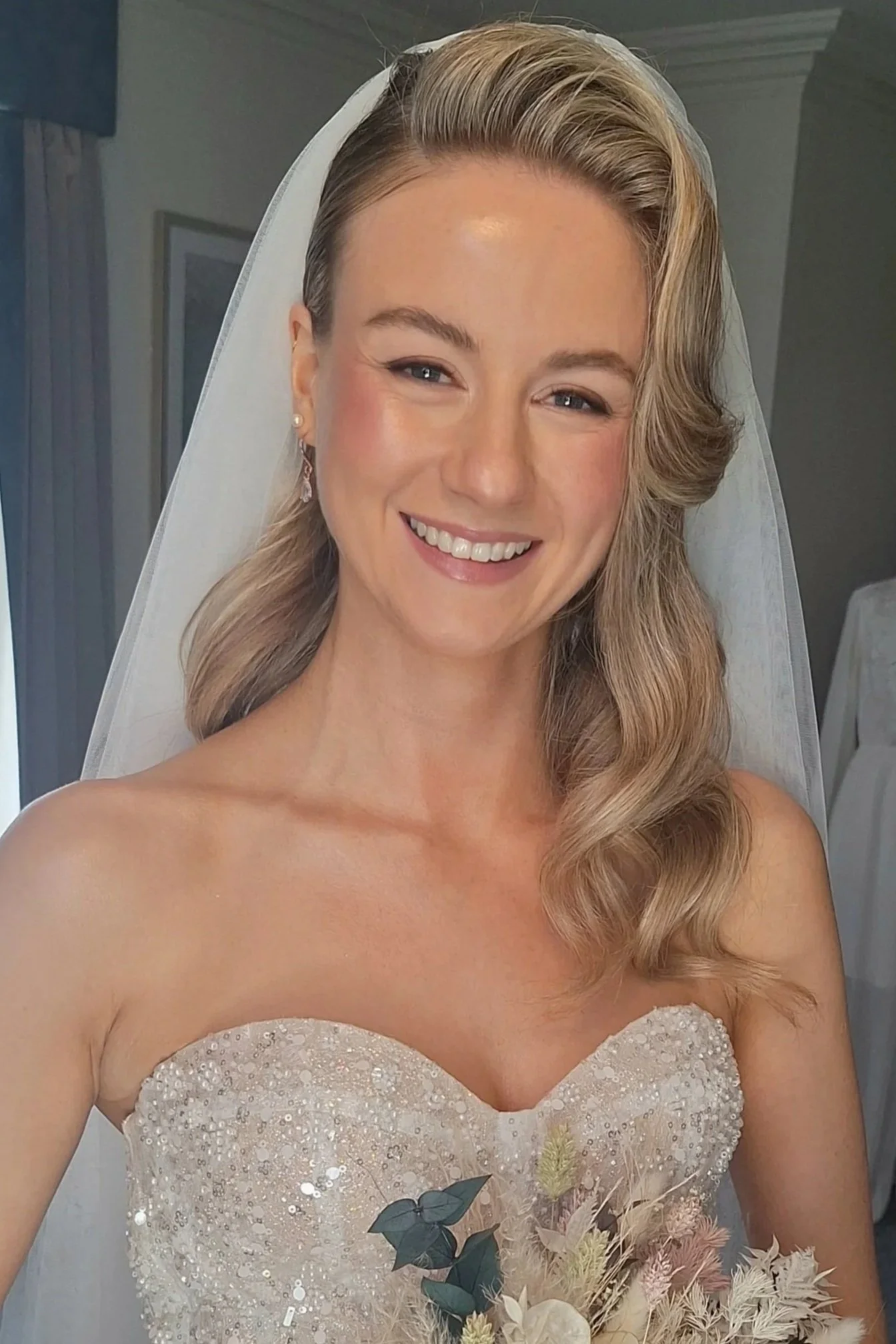 Natural bridal make up, smiling, wearing a white dress, In The Kilashee Hotel, naas County Kildare, Kildare make up artist