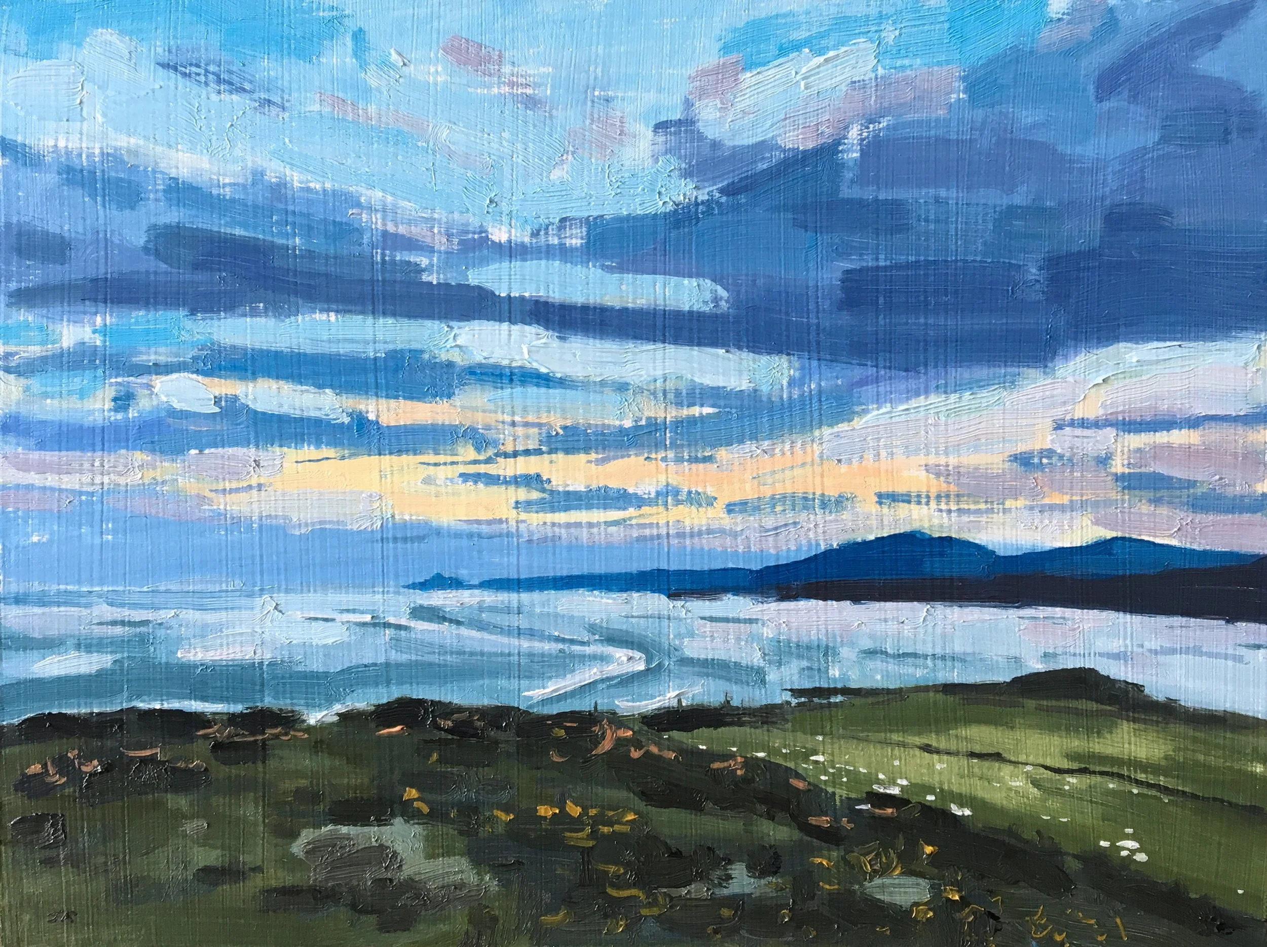 Clouds Towards Arran From Scalpsie Bay Viewpoint 9" x 12" oil on panel. £300
