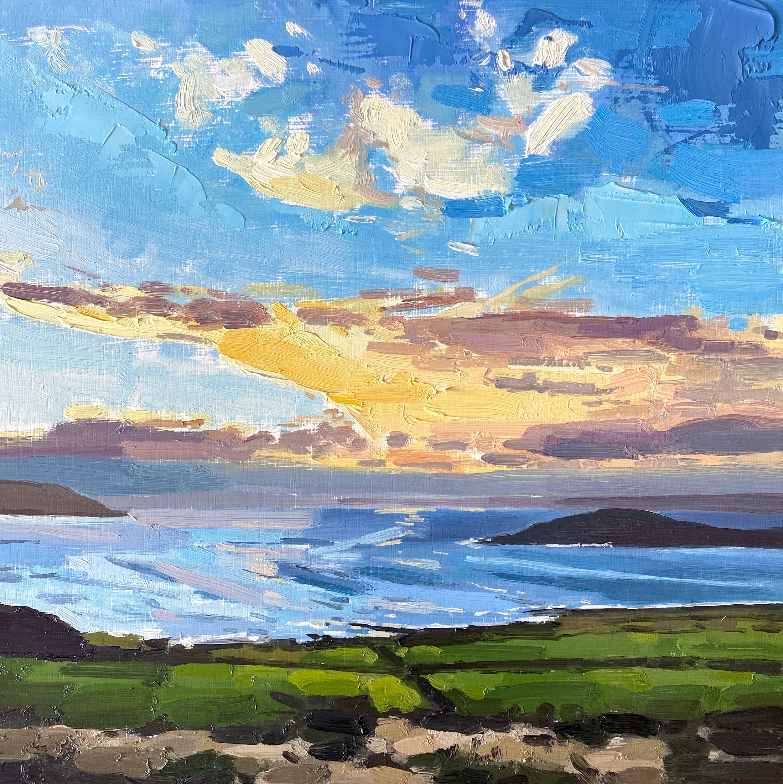 Golden Glow, Inchmarnock, 12" x 12". oil on panel - Contact The Castle Gallery, 13 High Street, Rothesay, Isle Of Bute, PA20 9AS. info@thecastlegallery.com