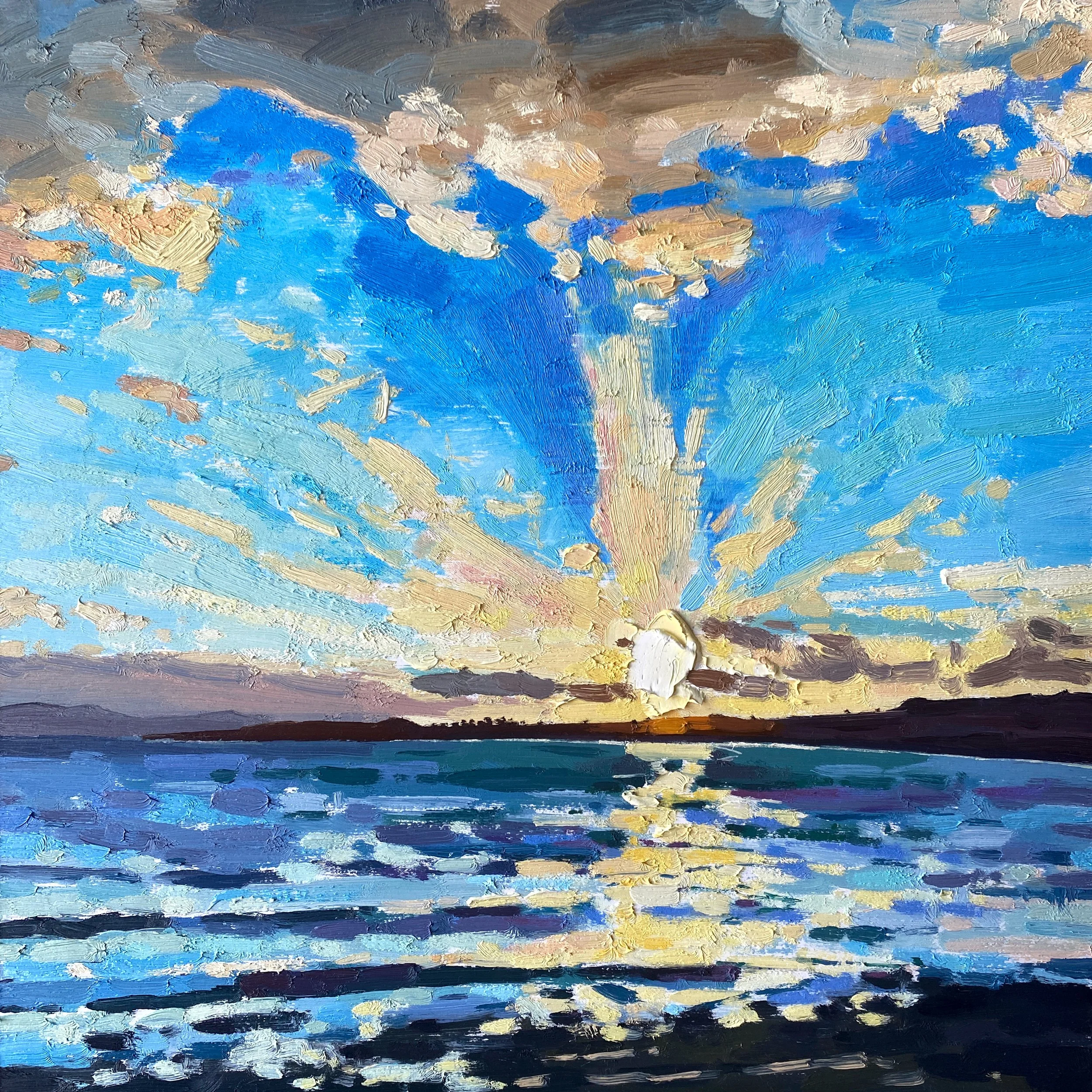 Kyles Of Bute From Glecknabae, 12" x 12". oil on panel - Contact Seagull Gallery, 48 Kempock Street, Gourock, PA19 1ND info@seagullgallery.net