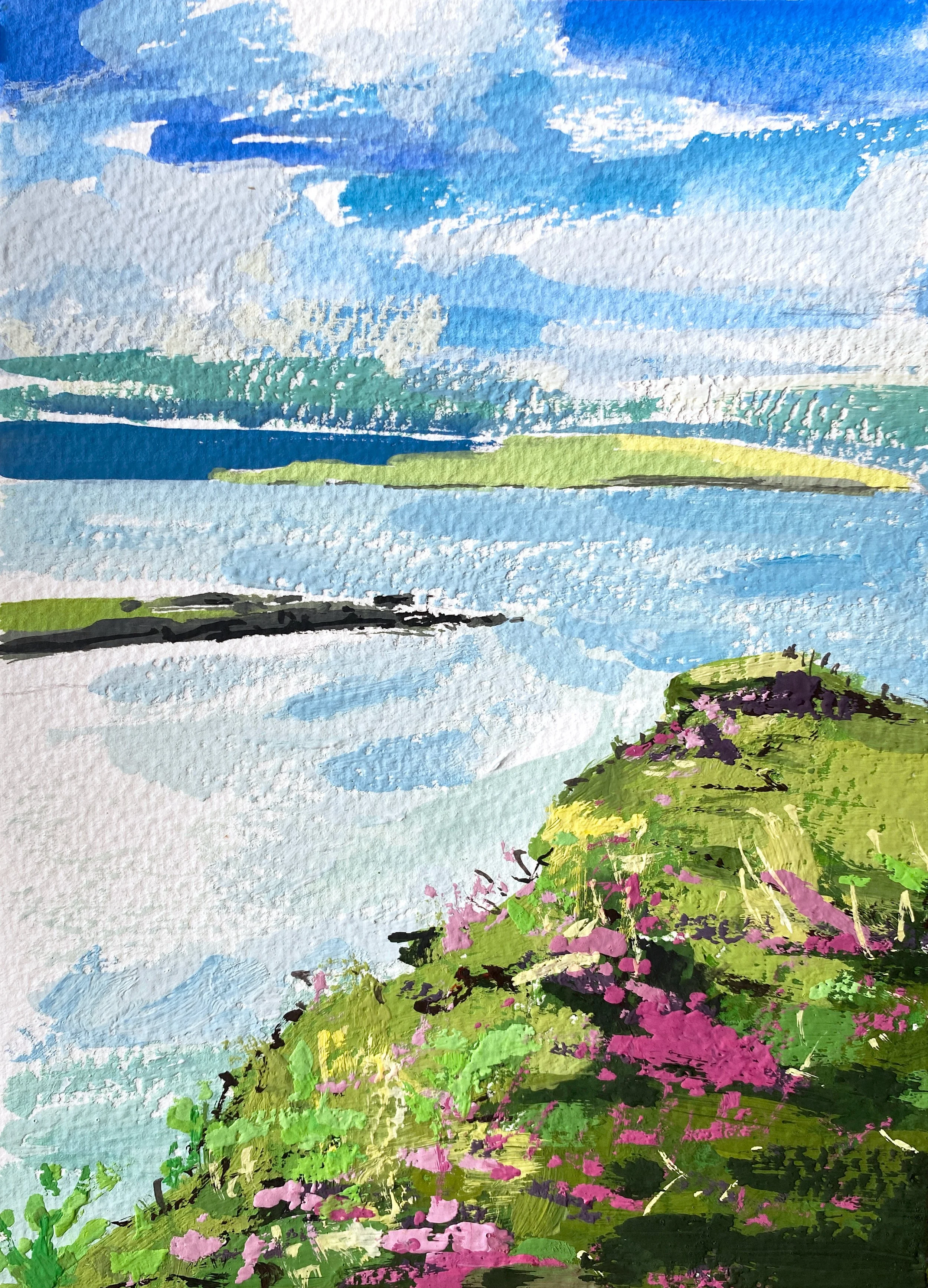 From Above, Glencallum Bay, 5" x 7" Gouache on paper - Available at The Framing Workshop, Georges Cross, 16-22 Clarendon Pl, Glasgow G20 7PZ