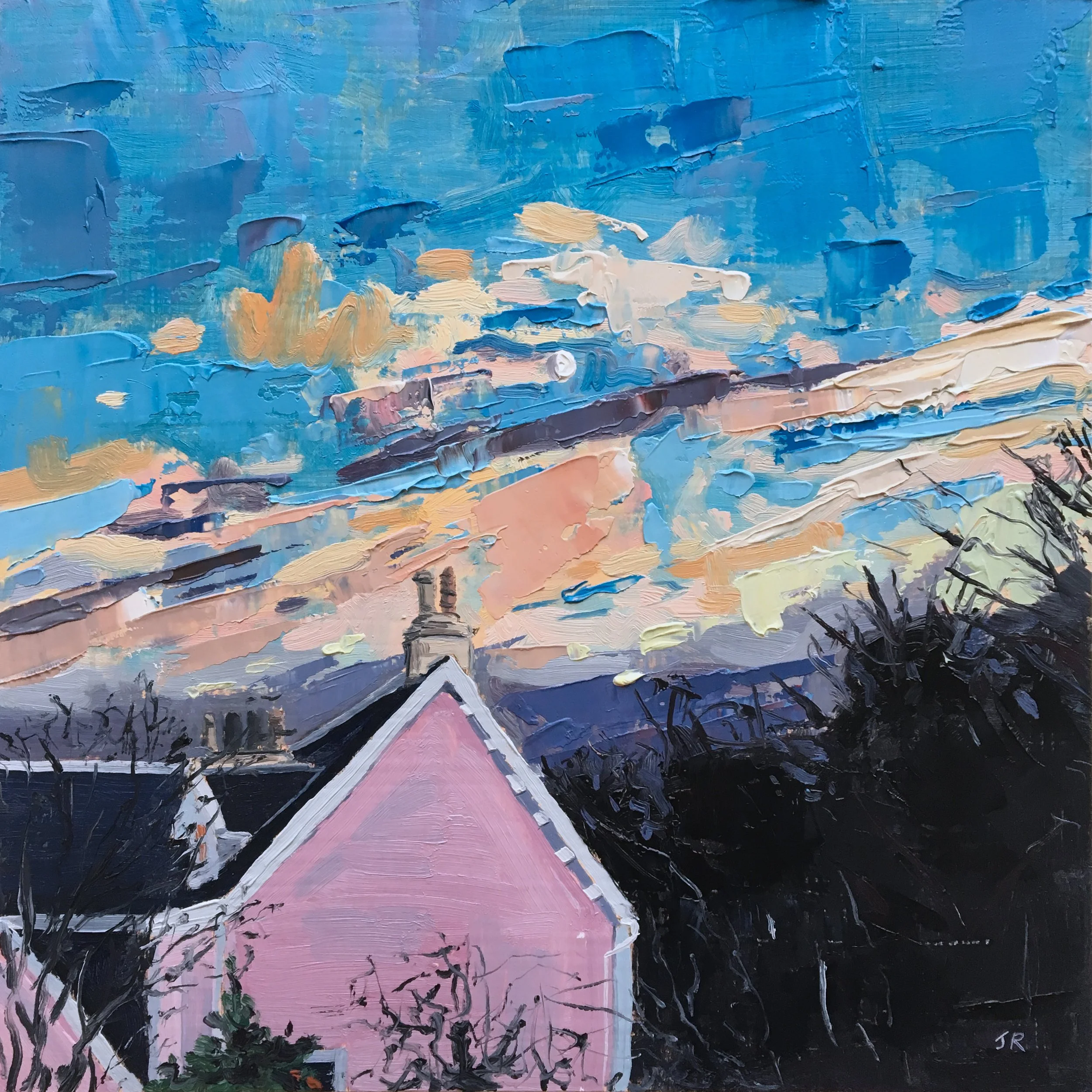 Rose Cottage At Sundown 10" x 10" oil on panel. £400