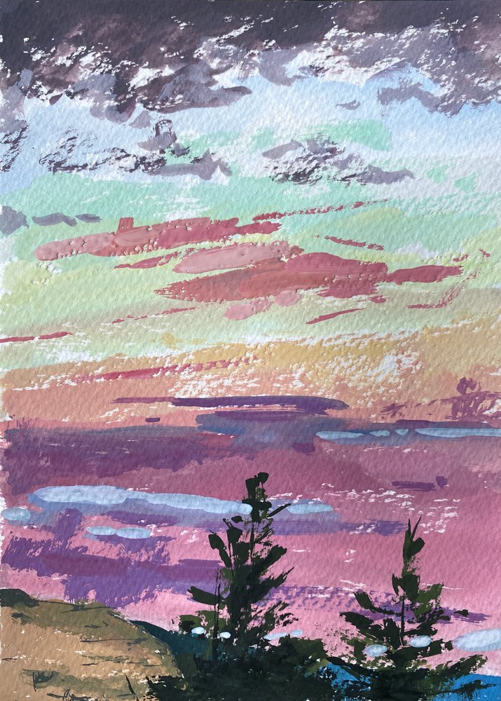 Sunset, Port Bannatyne Woods, 5" x 7" Gouache on paper - Available at The Framing Workshop, Georges Cross, 16-22 Clarendon Pl, Glasgow G20 7PZ