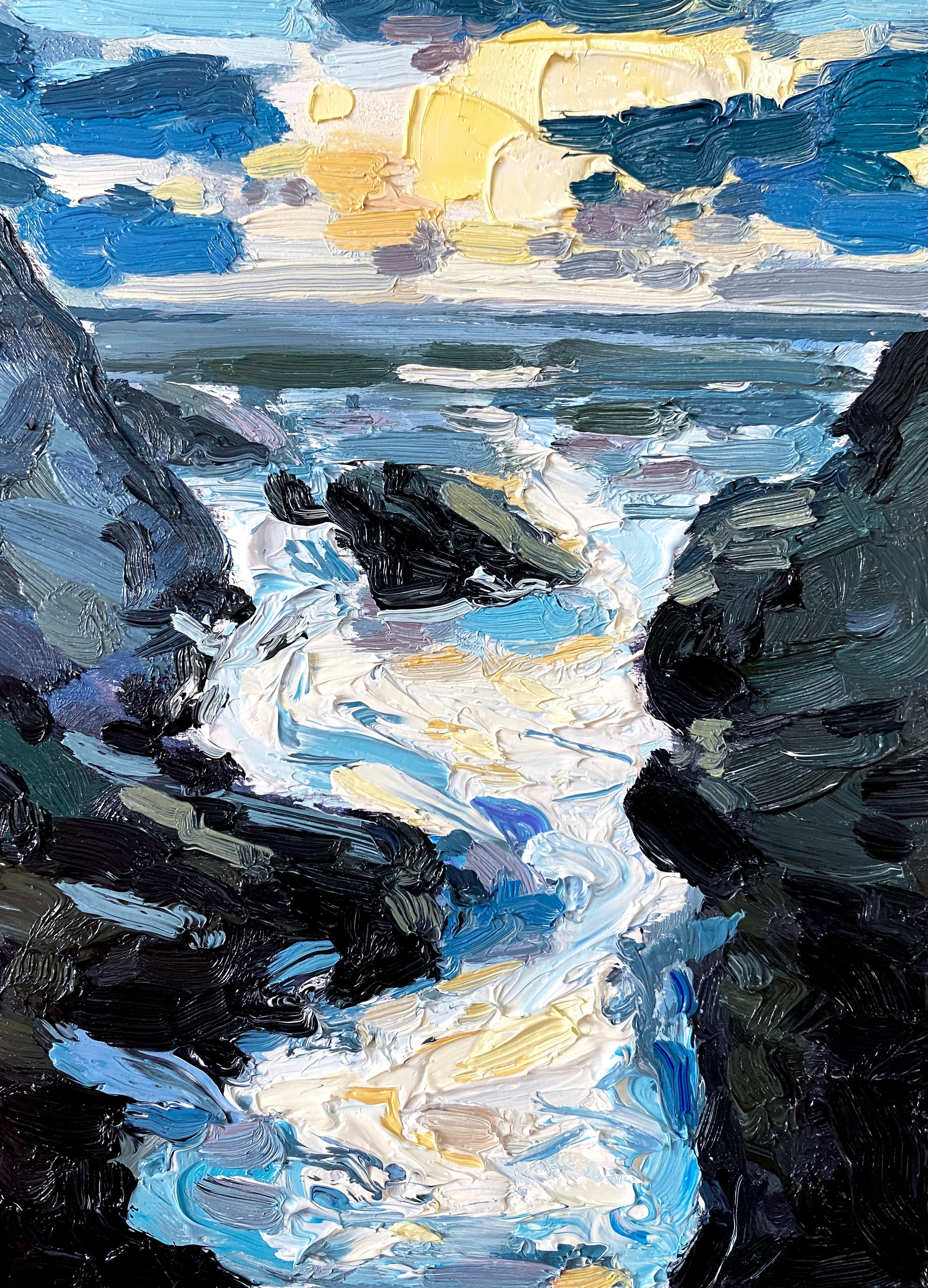 Breaking Light, Porth Dafarch, 5" x 7" oil on panel £100