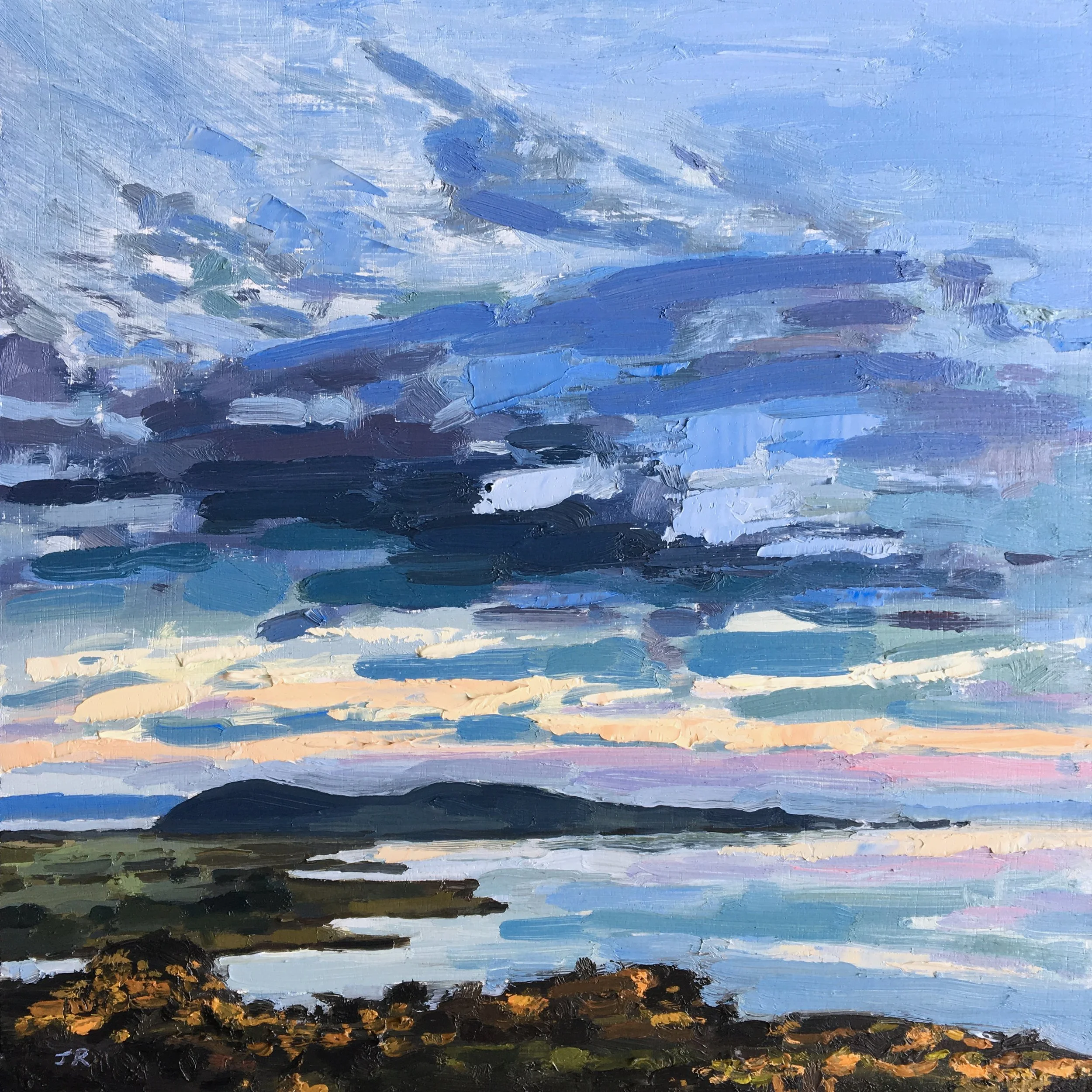 Looking Towards Dunagoil From Scalpsie Bay. 10" x 10" oil on panel - Contact Seagull Gallery, 48 Kempock Street, Gourock, PA19 1ND info@seagullgallery.net