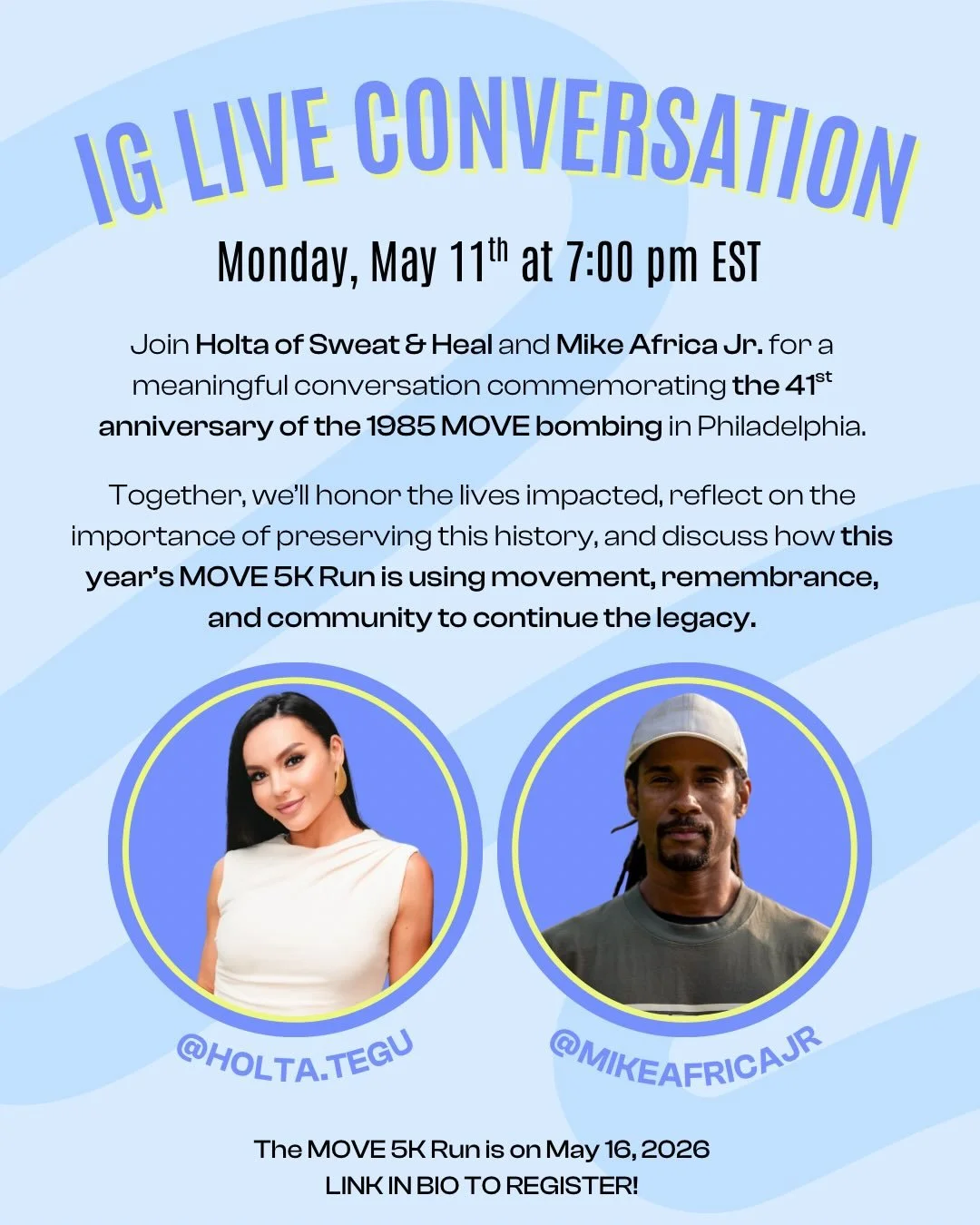 41 years later, we remember. 

Join us LIVE on Monday, May 11th at 7 PM EST for a powerful conversation ahead of this year&rsquo;s MOVE 5K Run honoring the lives impacted by the 1985 MOVE bombing in Philadelphia.

I&rsquo;ll be joined by my good frie