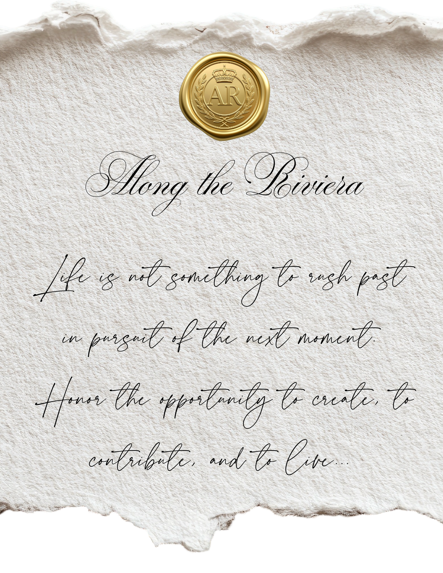 Along the Riviera Our World — a luxury art and fragrance house presented on papyrus paper with a gold seal, reflecting heritage and craftsmanship