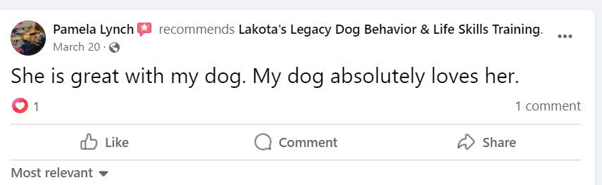 Facebook post by Pamela Lynch praising her dog and her love for her.