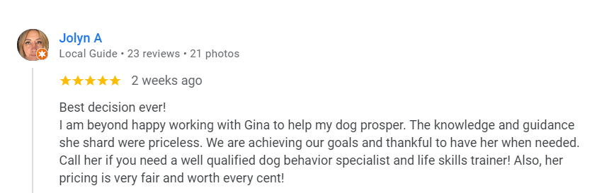 Customer review on a platform praising Gina for helping their dog prosper, highlighting her knowledge, guidance, and affordable pricing.