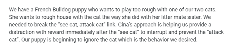 Text about a French Bulldog puppy and two cats, discussing training methods, behavior, and distraction strategies.