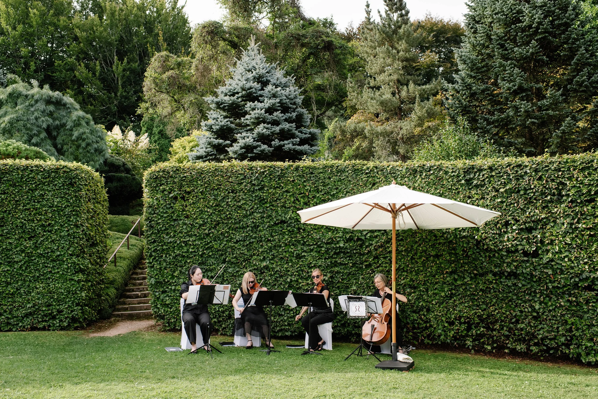 wide view of ceremony location violin players playing music before the wedding ceremony in olinda