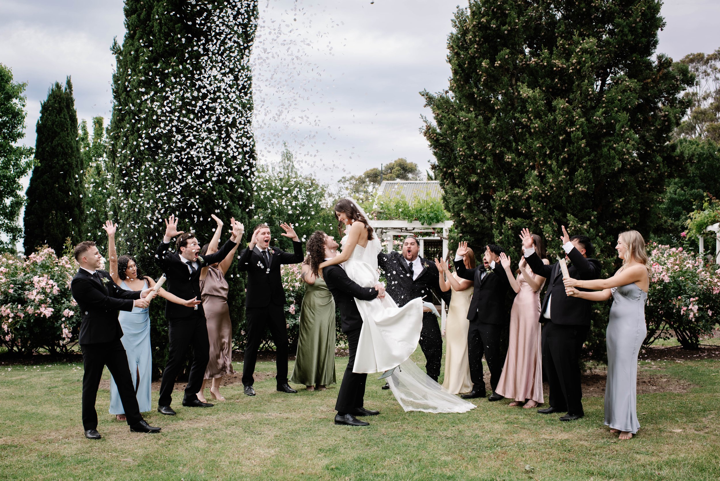 Groom lifting bride surrounded by cheering wedding party throwing confetti in the rose gardens at Dalywaters Rose Garden Mornington Peninsula