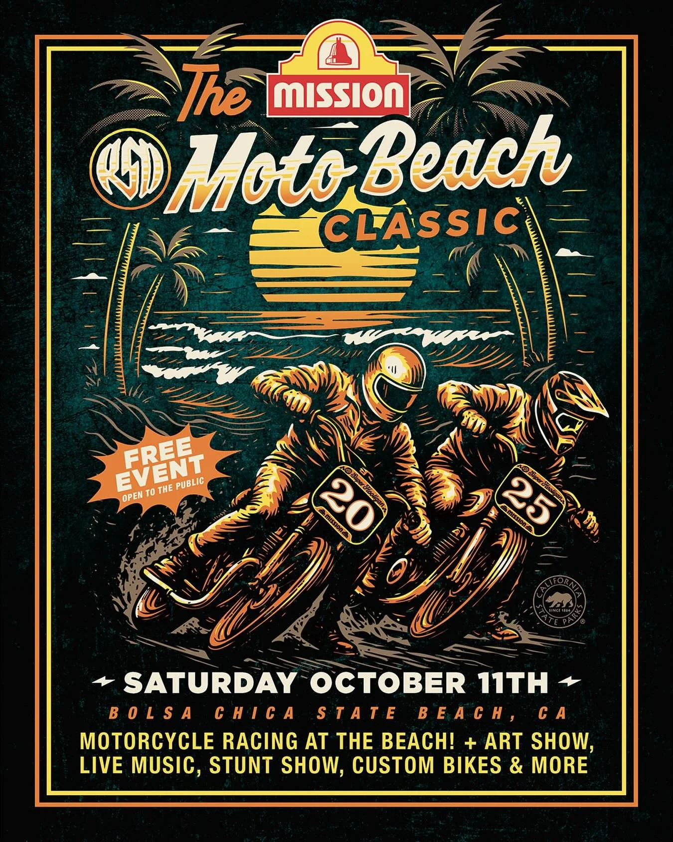 Had the opportunity to do this years @rolandsandsdesign @motobeachclassic official poster art 🤘🏼 if you&rsquo;re into moto, art, and good times at the beach, definitely come out to this event!! #motobeachclassic #bolsachica #huntingtonbeach #sealeg