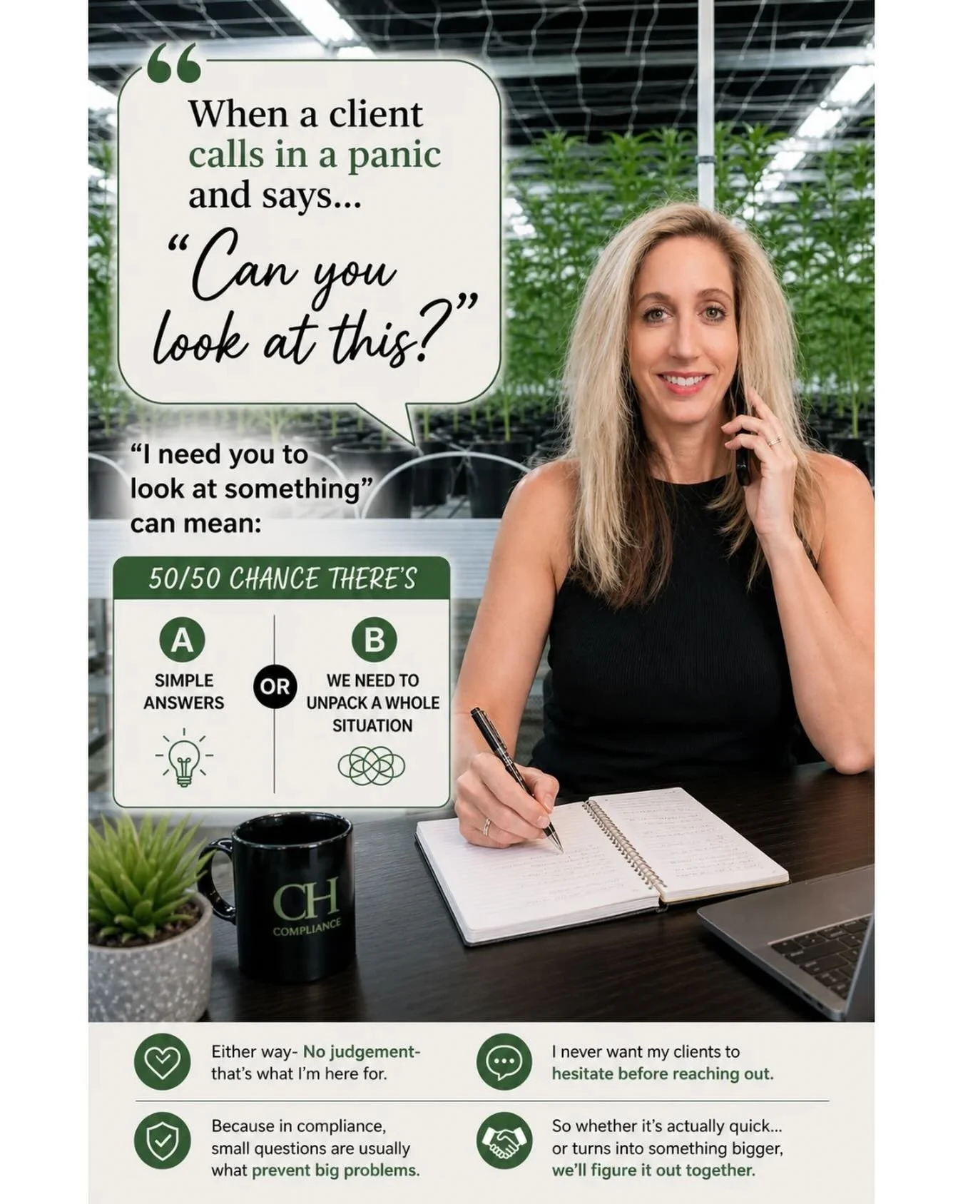 Emails, notices, deadlines&hellip;
Of course I&rsquo;ll take a 👀for you!
Whether you&rsquo;re navigating a DCC Inspection, untangling a license issue, or just need a 2nd set of 👀 on your SOP&rsquo;s&hellip;
That&rsquo;s what exactly what CH Complia