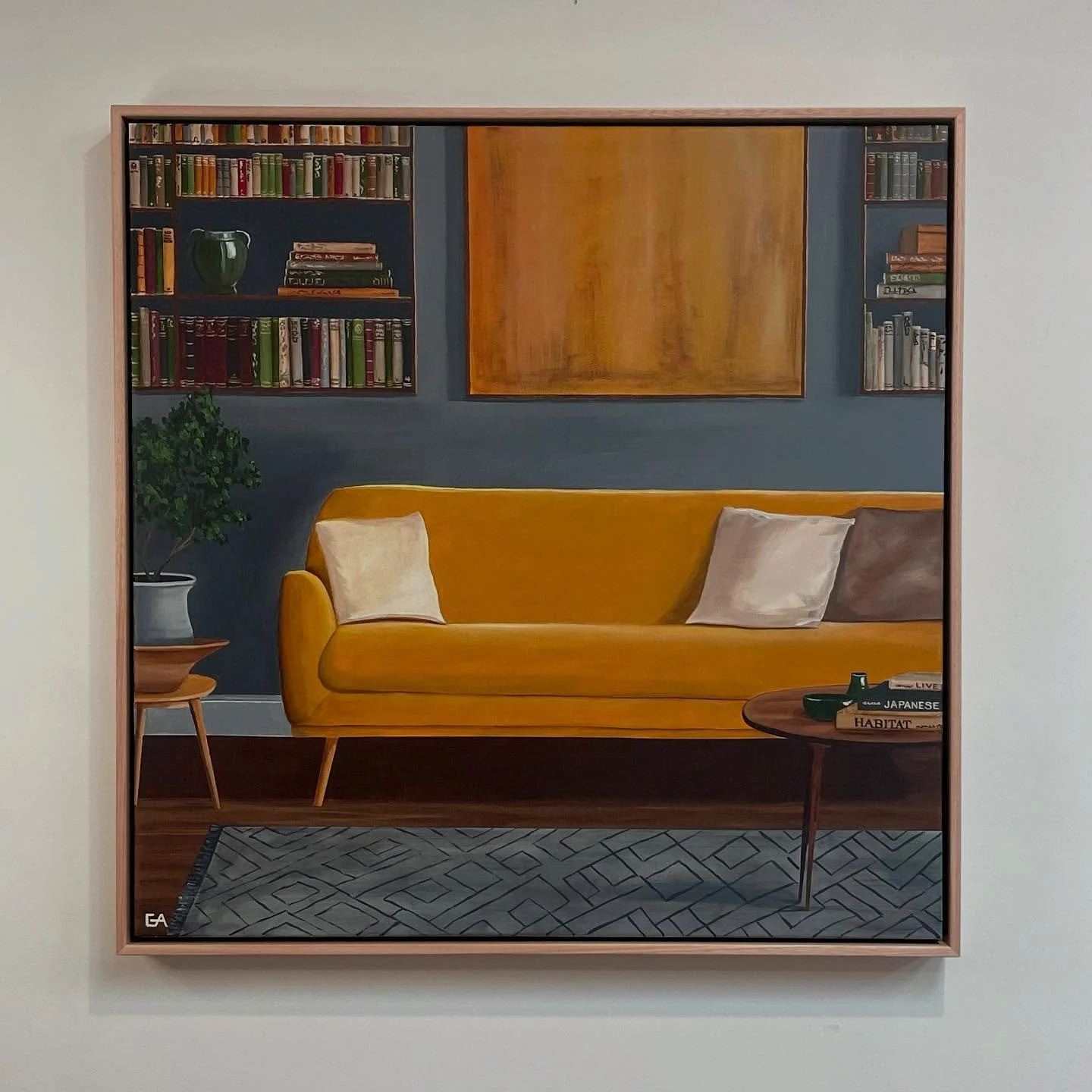 AVAILABLE NOW @dickersongallery 34 Queen St Woollahra or dickersongallery.com.au
&bull; &lsquo;The yellow sofa&rsquo;
&bull; 80 x 80cm
&bull; Acrylic on canvas 
&bull; Framed in American Ash float frame 
#dickersongallery #oldbooks #vintagebooks #sol