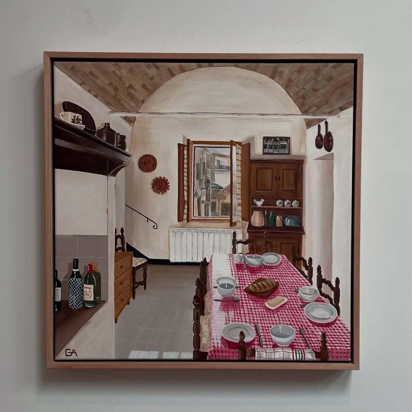 ⭐️ NEW PAINTING ⭐️ The old Italian kitchen with a view of the village streets out the window and an amazing brick vaulted ceiling and the prerequisite red and white check tablecloth!! A wonderful memory. Available now on my website ginaandreeart.com 