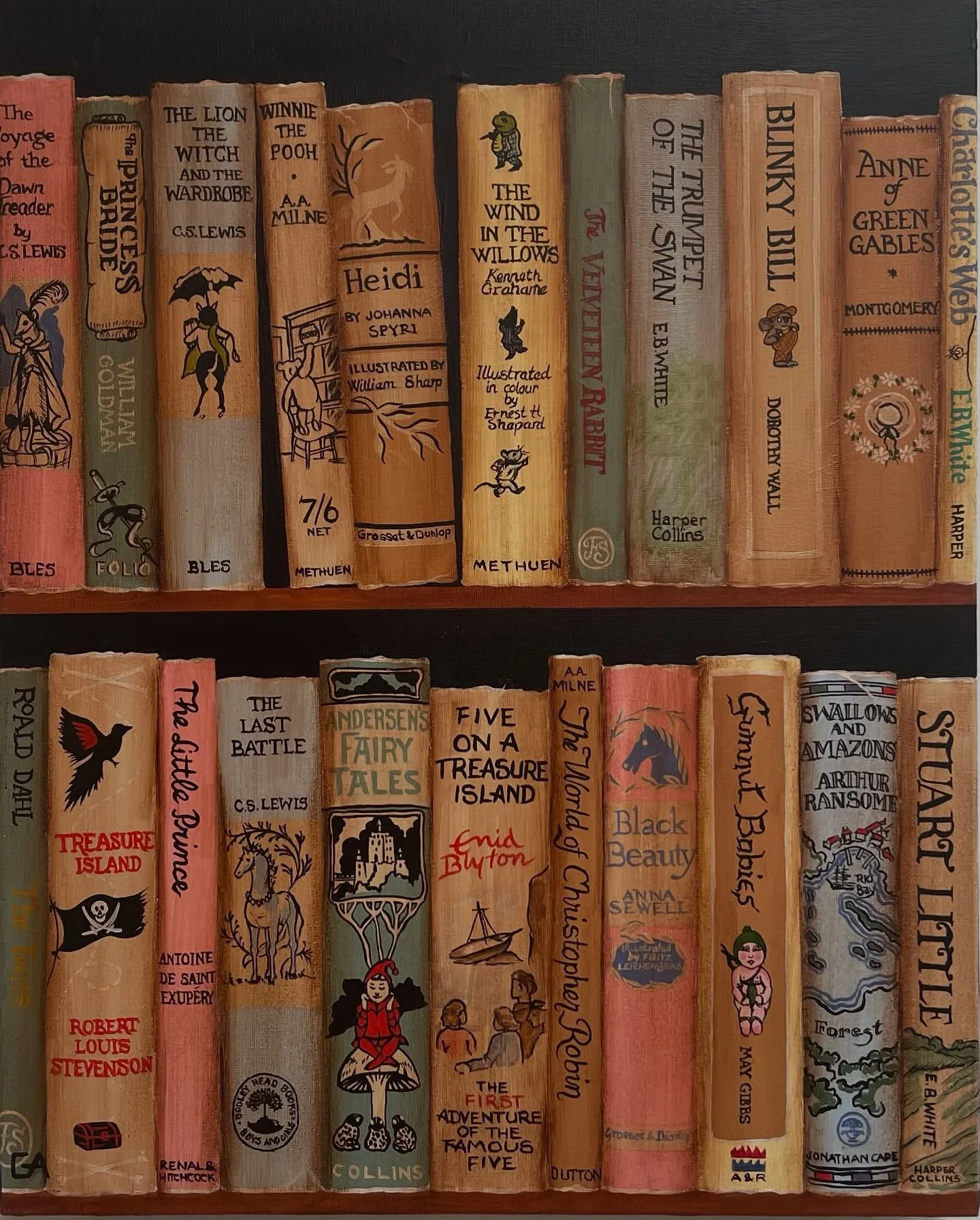 ⭐️ NEW PAINTING ⭐️ some lovely childhood memories in these old books 
&bull; &lsquo;From Roald to Stuart&rsquo;
&bull; acrylic on canvas 
&bull; 41 x 51cm
&bull; ready to hang
Framing not necessary as sides painted. Available now on my website or @bl