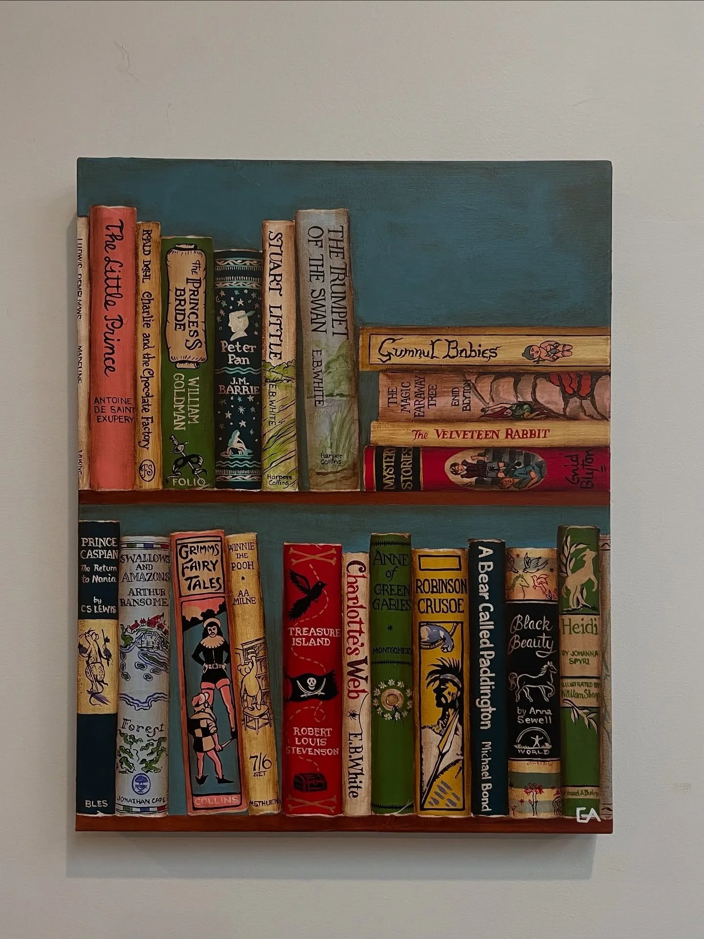 ⭐️ NEW CHILDREN&rsquo;S PAINTING ⭐️
&bull; &lsquo;from the little prince to Heidi&rsquo; 
&bull; acrylic on canvas 
&bull; 40 x 50cm
&bull; unframed 
Available now on my website ginaandreeart.com (link in bio)

#kidsbooks #childrensbook #bookpainting