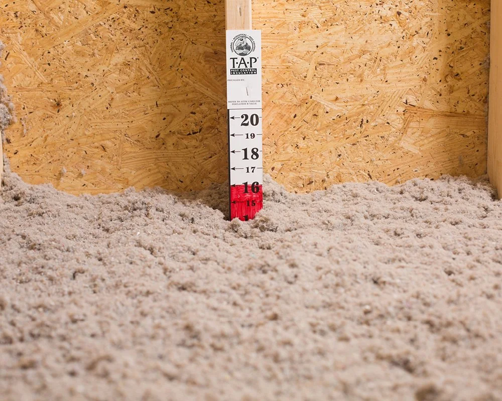 TAP insulation in attic with measuring stick showing 16