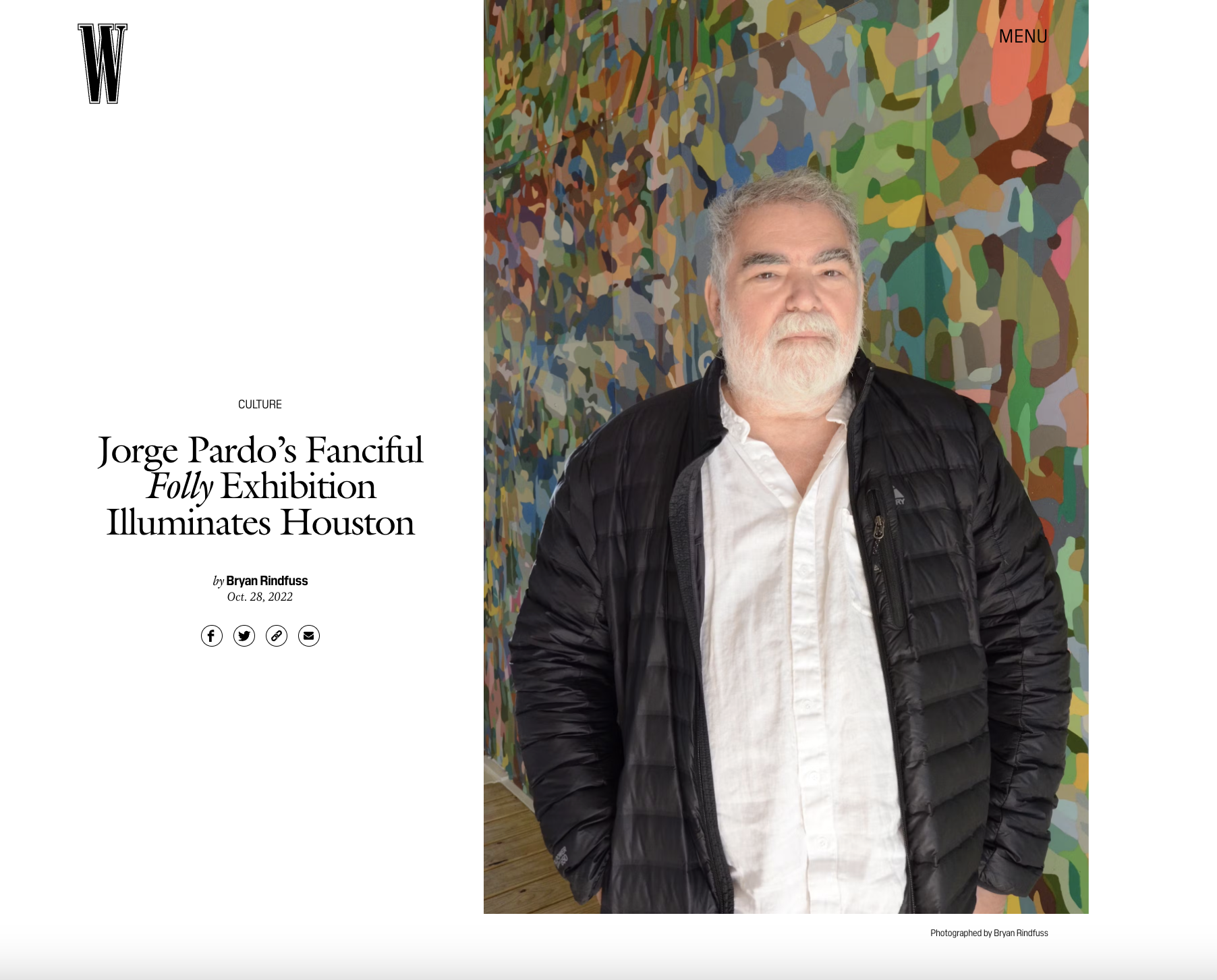 Cuban artist Jorge Pardo photographed by Bryan Rindfuss in his public art project "Folly" at the University of Houston for an article printed by W Magazine in 2022.