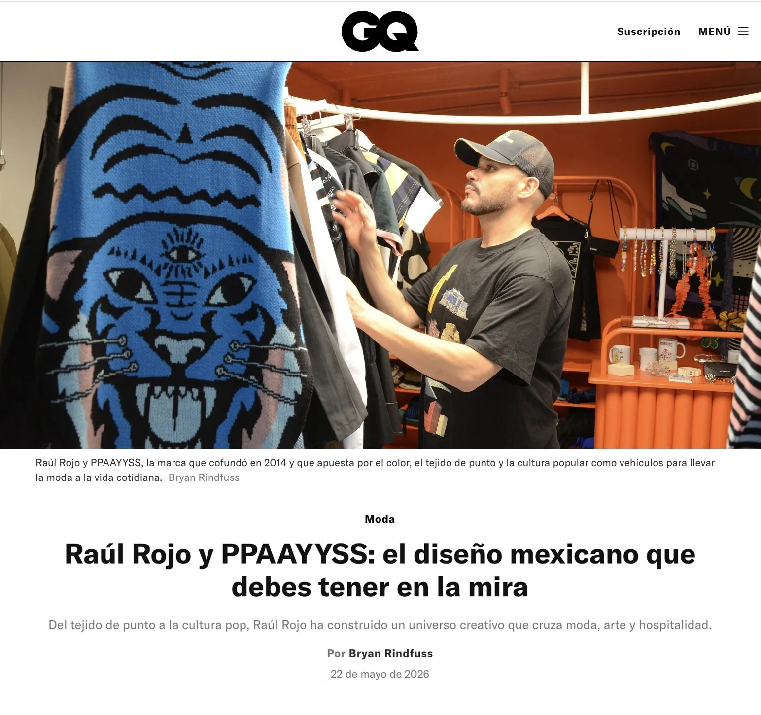 Fashion designer and entrepreneur Raúl Rojo photographed by Bryan Rindfuss in his Mexico City boutique PPAAYYSS for GQ México in 2026.