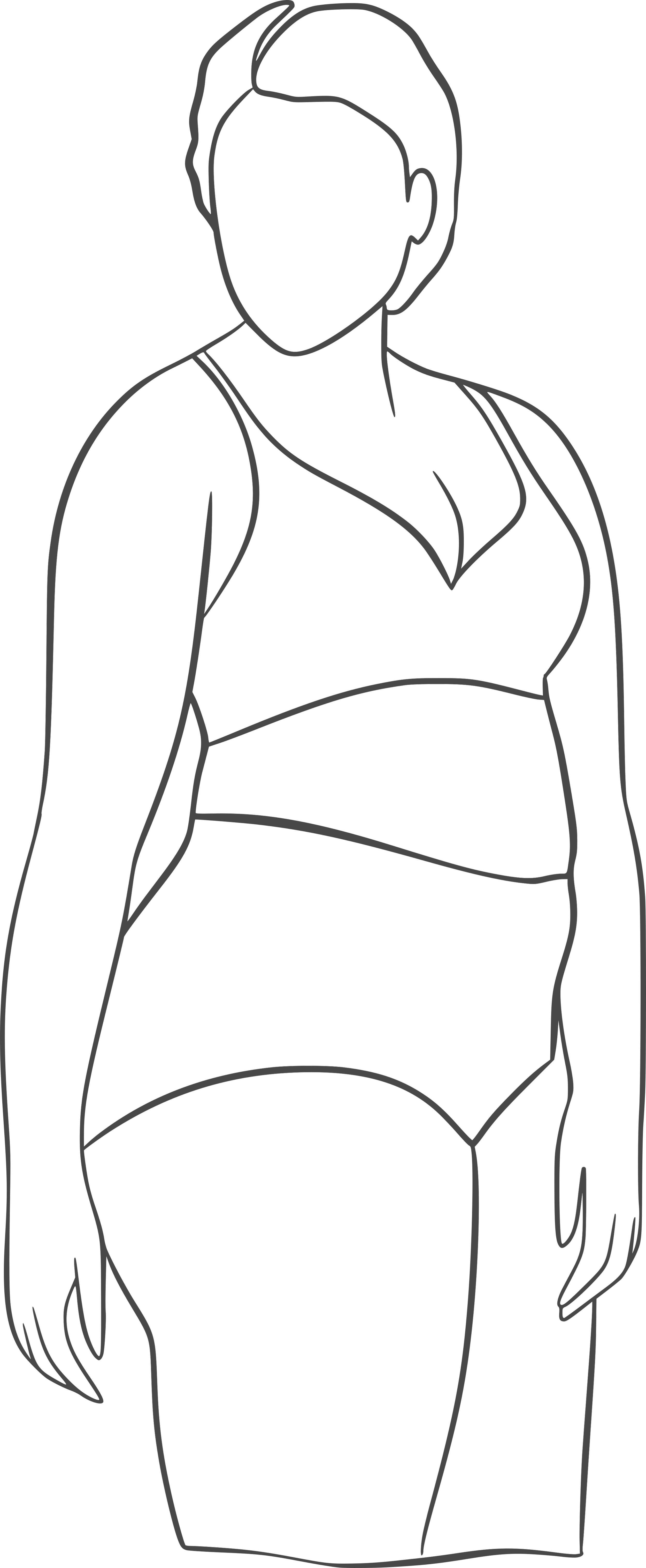 Outline drawing of a woman wearing a bikini with long hair.