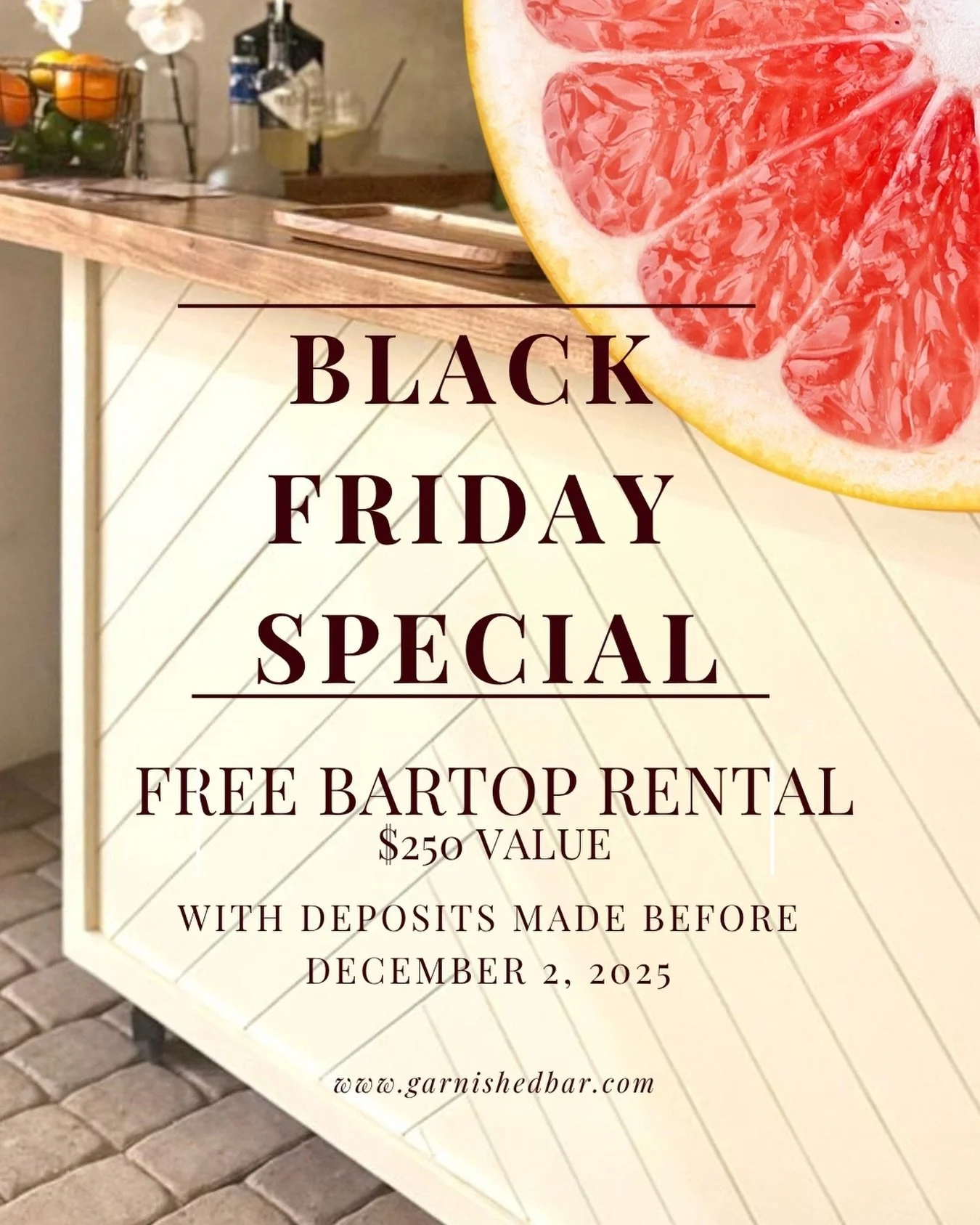 Planning an event soon? This is the moment to lock in your date.
Now through December 2nd, every event bartending deposit comes with a FREE bartop rental &mdash; a $250 value, on us. 🍸

Whether it&rsquo;s your wedding, holiday party, or corporate ev