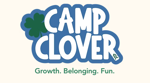 Camp Clover logo with a four-leaf clover and the tagline 'Growth. Belonging. Fun.'