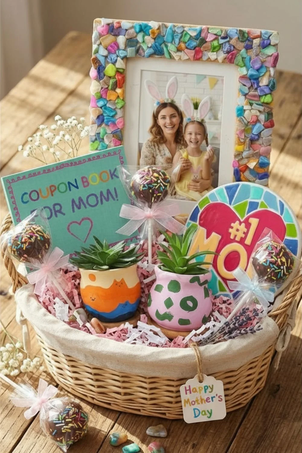 Wicker Mother's Day gift basket from the kids with DIY crafts and homemade cake pops.