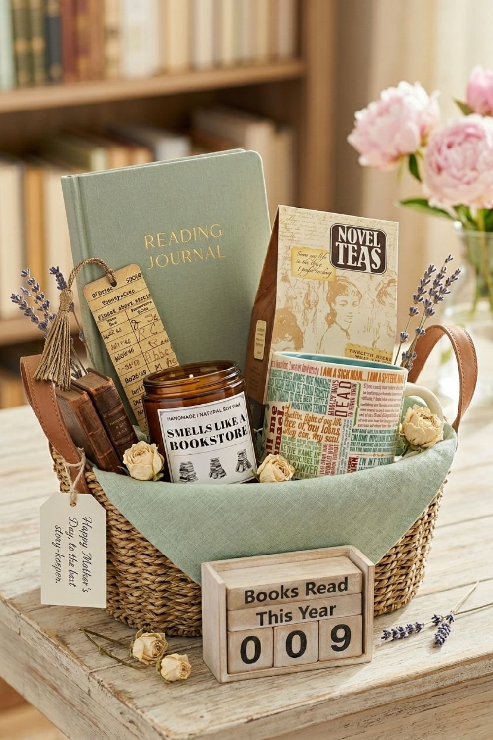 Wicker Mother's Day gift basket with leather handles containing book-themed gifts.